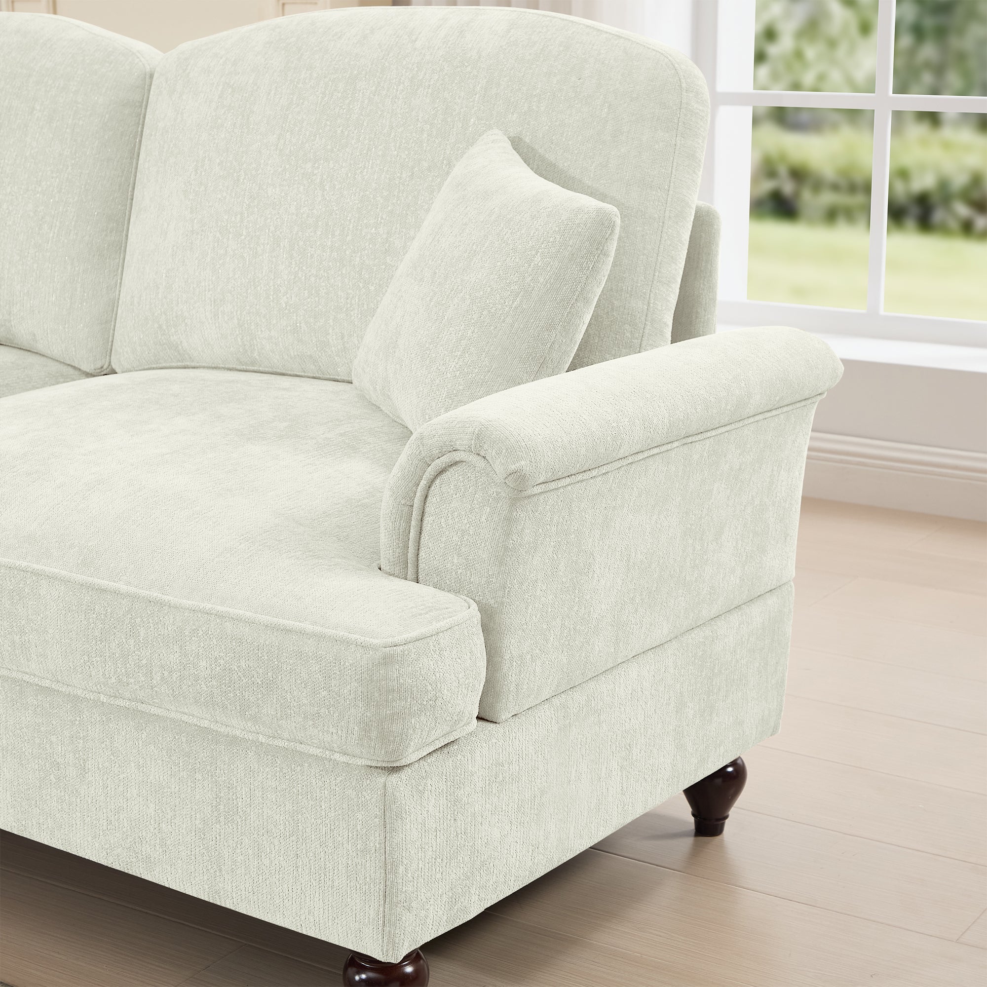 Classic Comfy Modular U Shape Sectional Sofa Couch with Flared Arms and Removable Ruffles Pleats Skirts and Spindle Legs, Upholstered Chenille Deep Seat Cloud Sofa with Movable Ottomans, Beige White