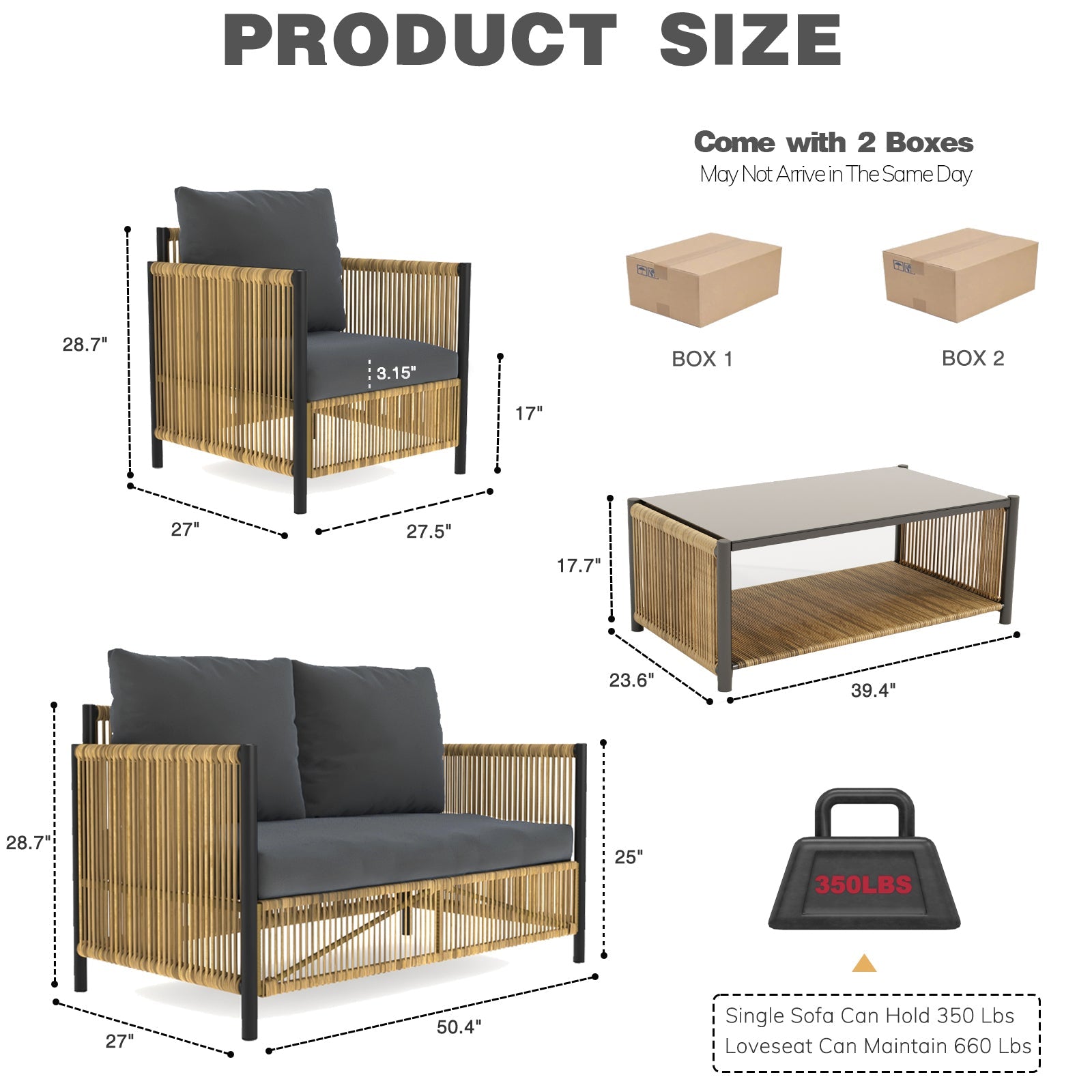 New Comming Patio 4 Pieces Brown PE Wicker Sofa Set with Grey Cushion