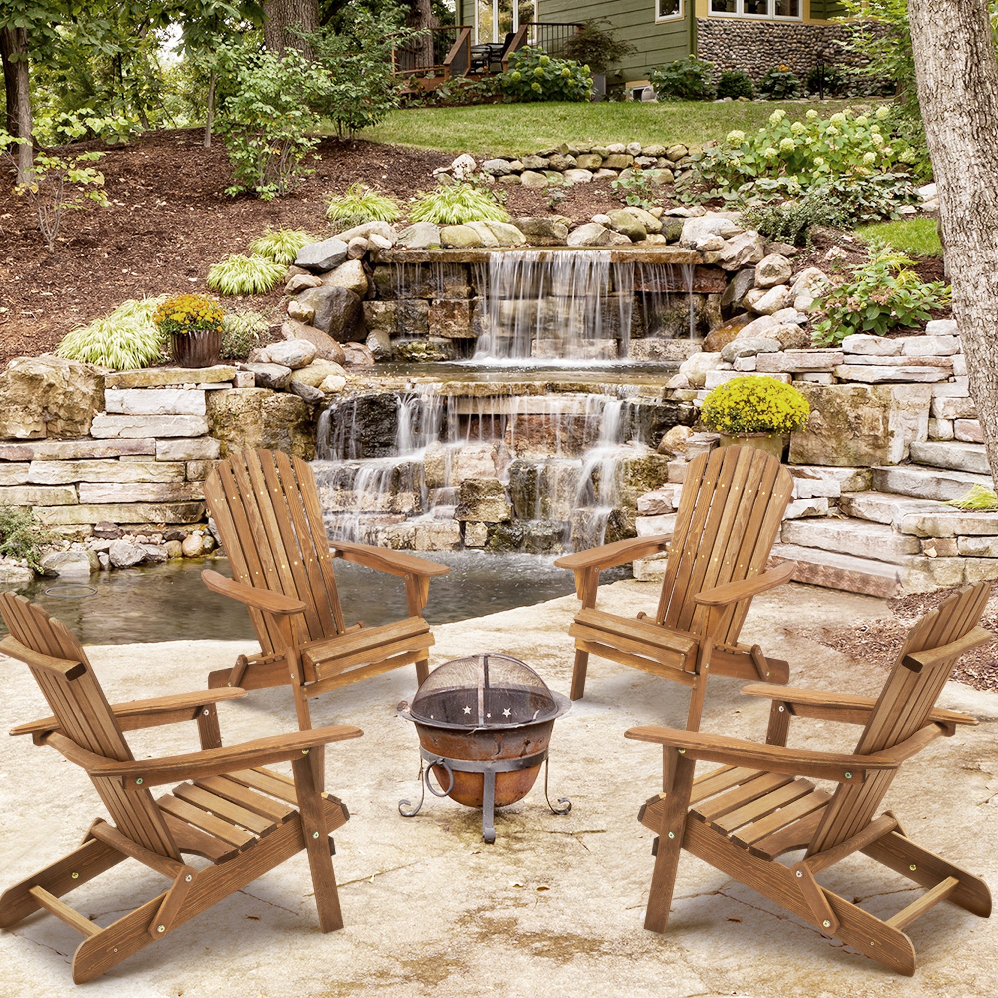 Wooden Outdoor Folding Adirondack Chair Set of 2, Cedar Material, Honey Brown, Space-Saving Design