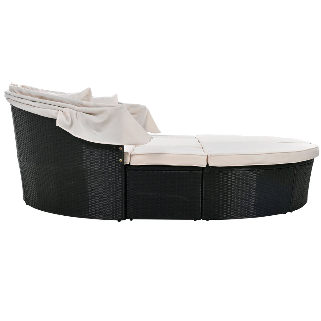GO Outdoor rattan daybed sunbed with Retractable Canopy Wicker Furniture, Round Outdoor Sectional Sofa Set, black Wicker Furniture Clamshell Seating with Washable Cushions, Backyard, Porch, Beige
