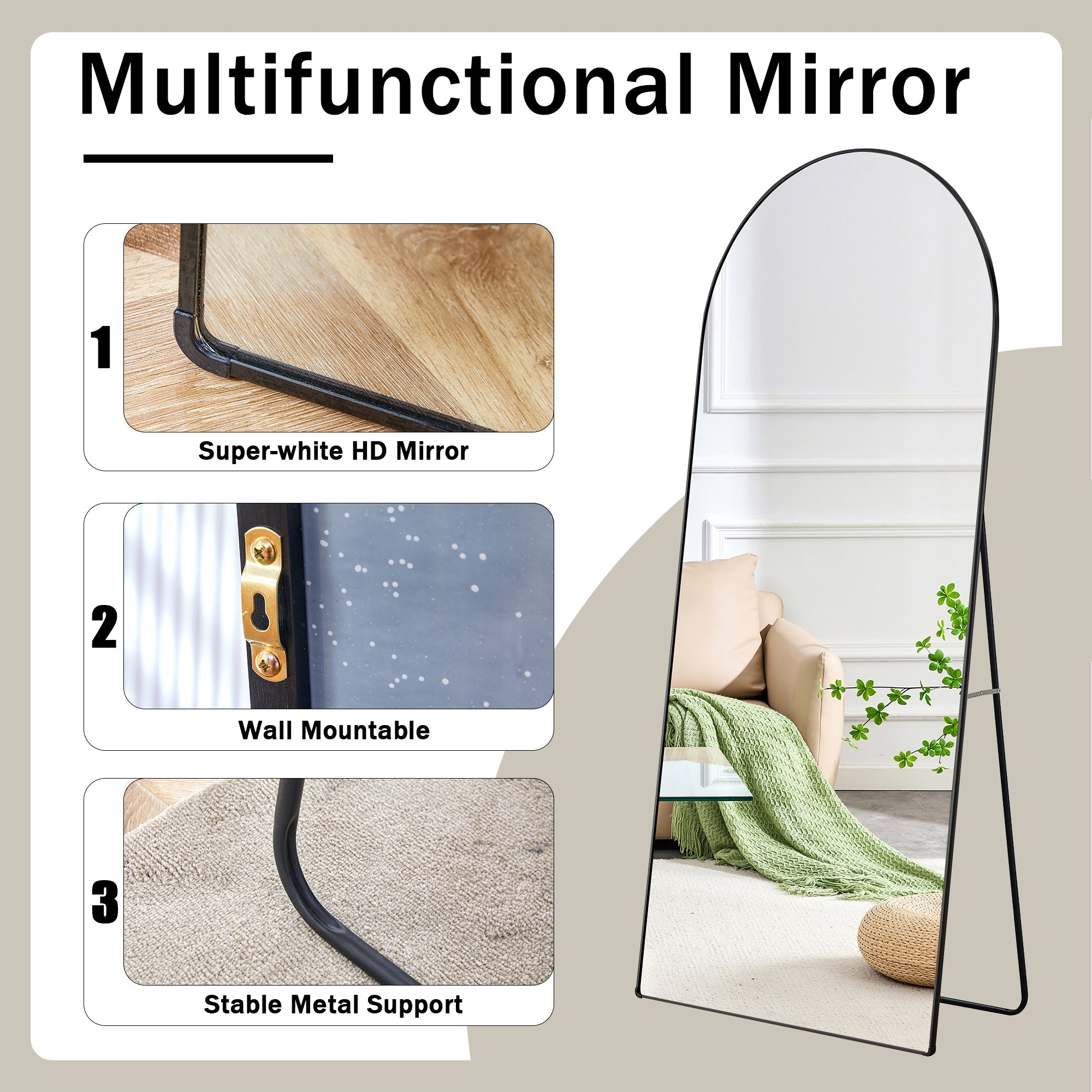 The 4th generation floor standing full-length rearview mirror. Black metal framed arched wall mirror, bathroom makeup mirror, floor standing mirror with bracket. Black 71 "* 31"  AM