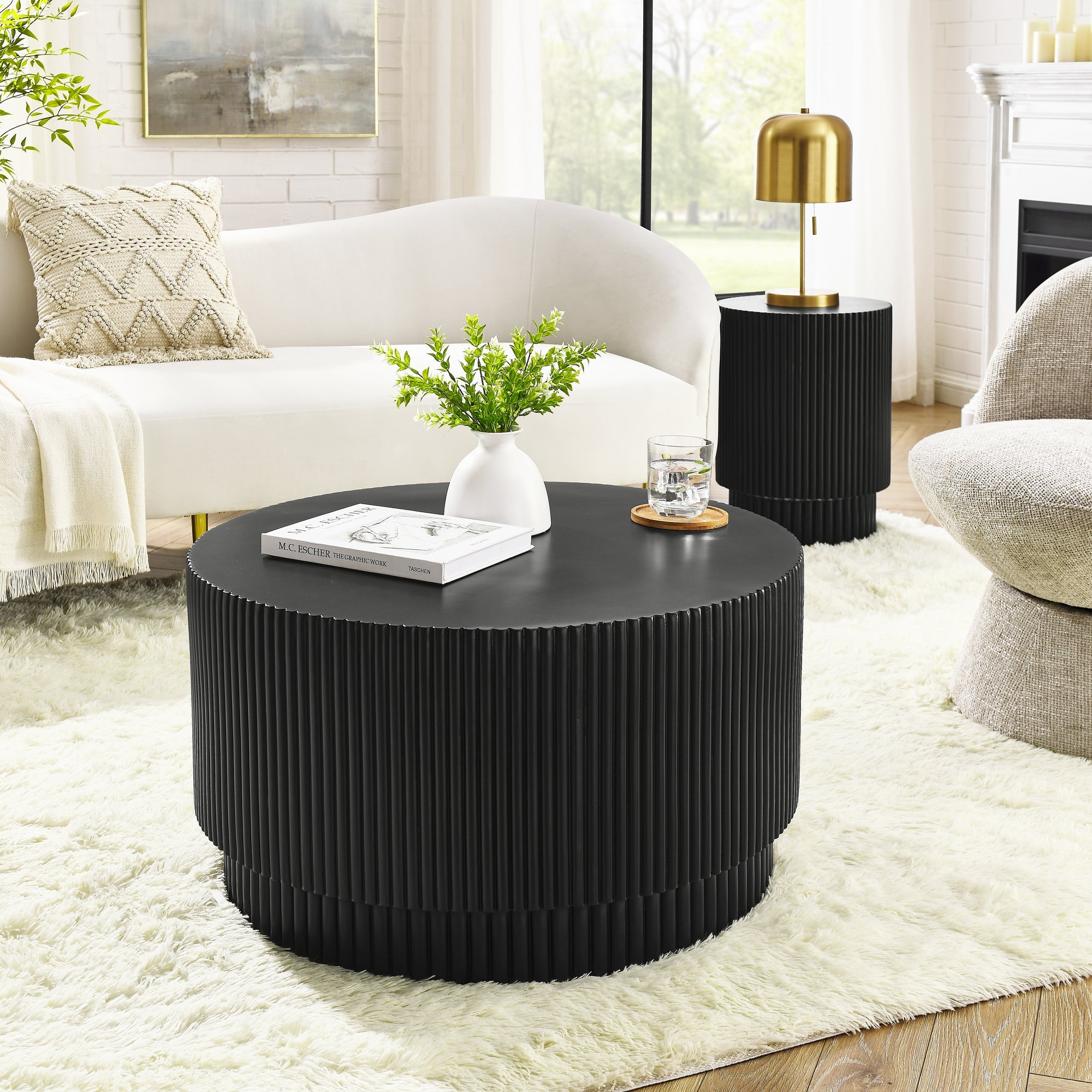 15.72-inch H-barrel coffee table, Nordic style, simple design, suitable for indoor and outdoor use, magnesium oxide material, suitable for living room, bedroom or garden sofa