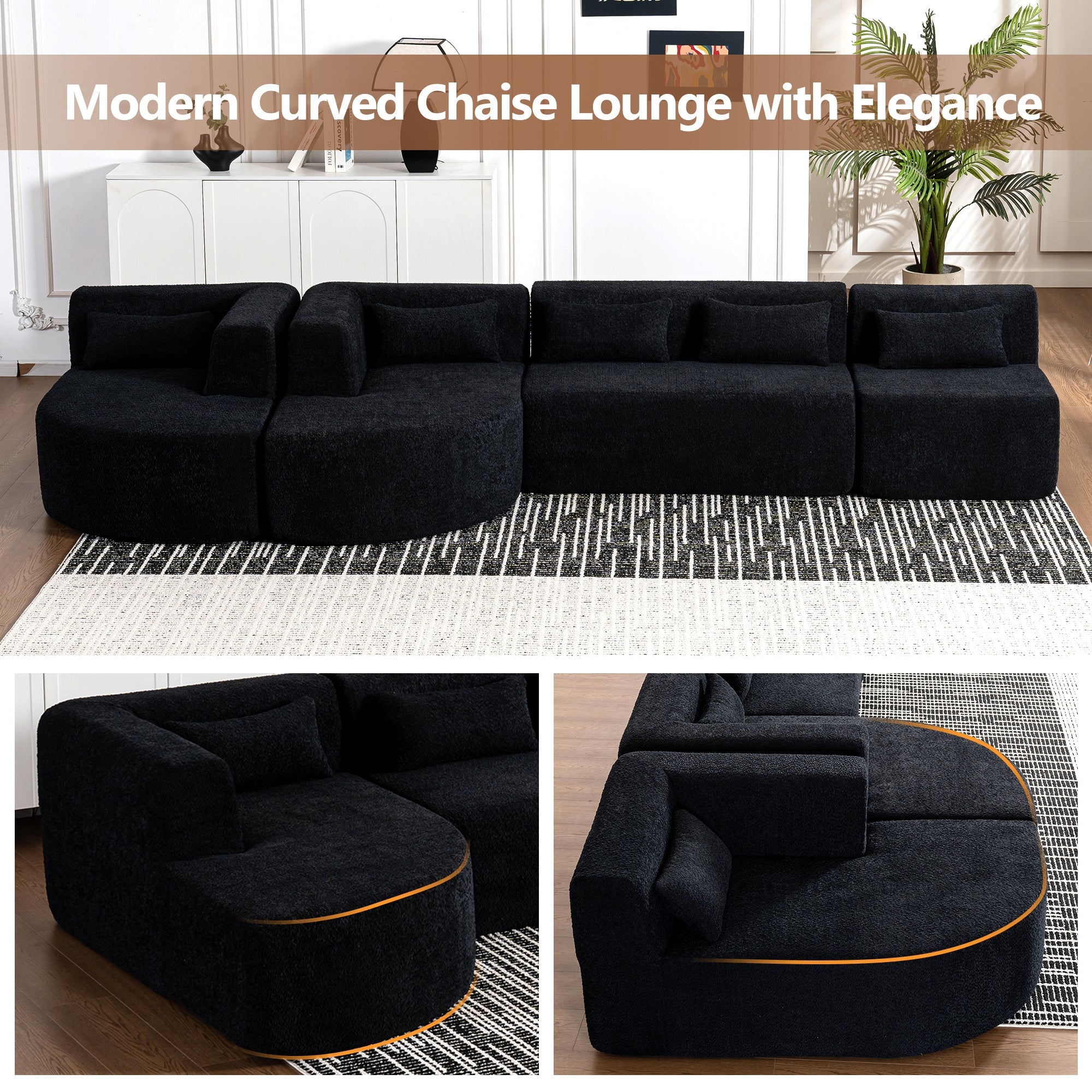 144' Upholstered Sofa Free-combined Sofa Couch with Two Chaise Lounge and Five Back Pillows for Living Room(Old SKU: N719S001600B), Black