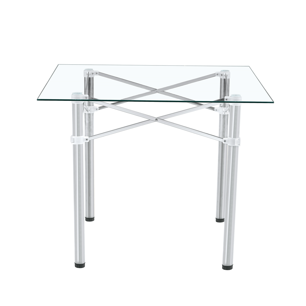 Elegant Expandable Square Glass Table - 36' Clear Tempered Glass, Silver Metal Legs.Telescopic metal legs, transparent square glass tabletop, suction cup attachment connection.