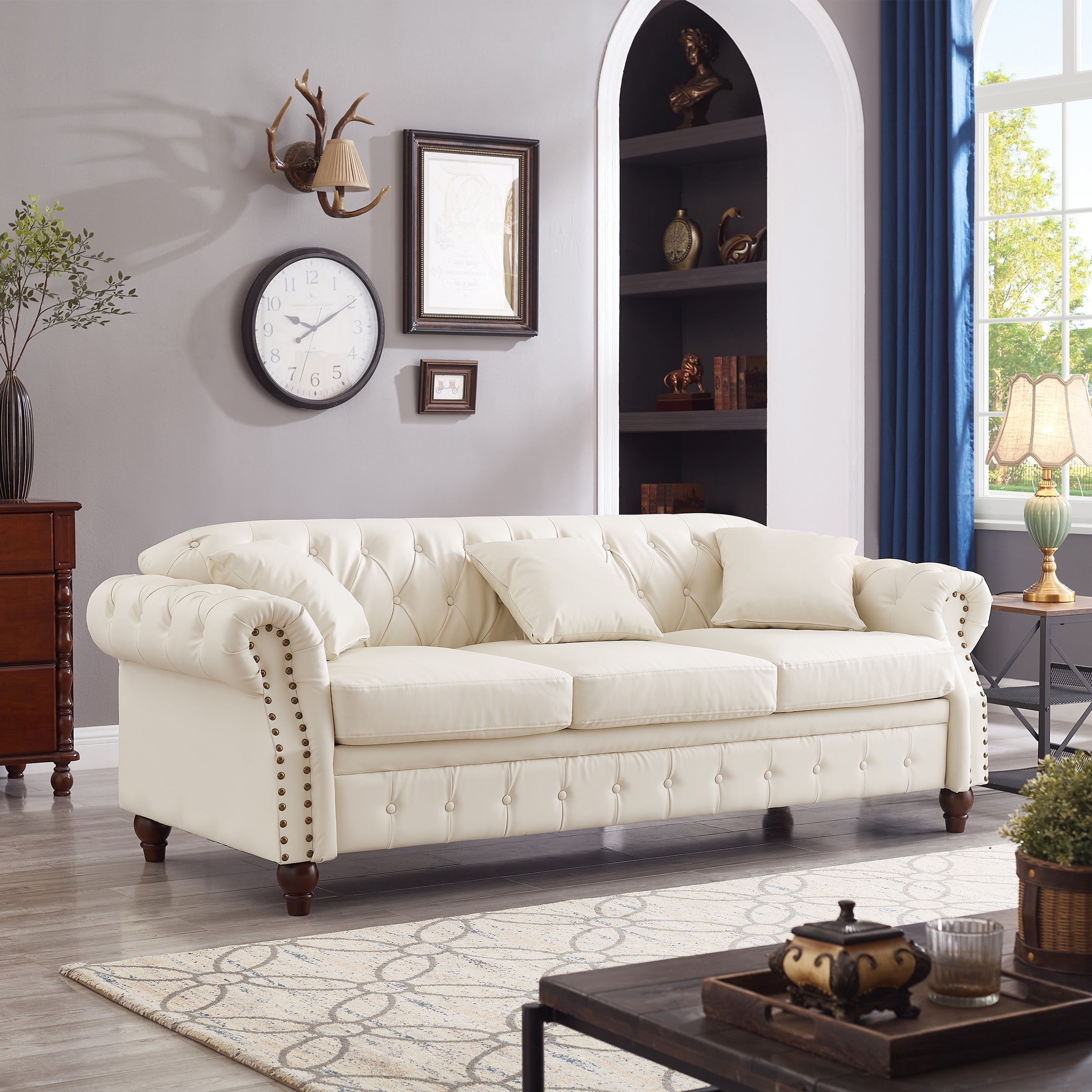 85.8' Living Room Chesterfield Sofa Classic Tufted Design Faux Leather PU Upholstered Sofa with Storage (Ivory)