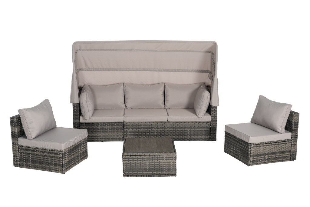 5 Pieces Outdoor Patio Wicker Daybed Furniture Set with Retractable Canopy, Storable Side Table, and Soft Cushions for Relaxing in Your Backyard or Porch