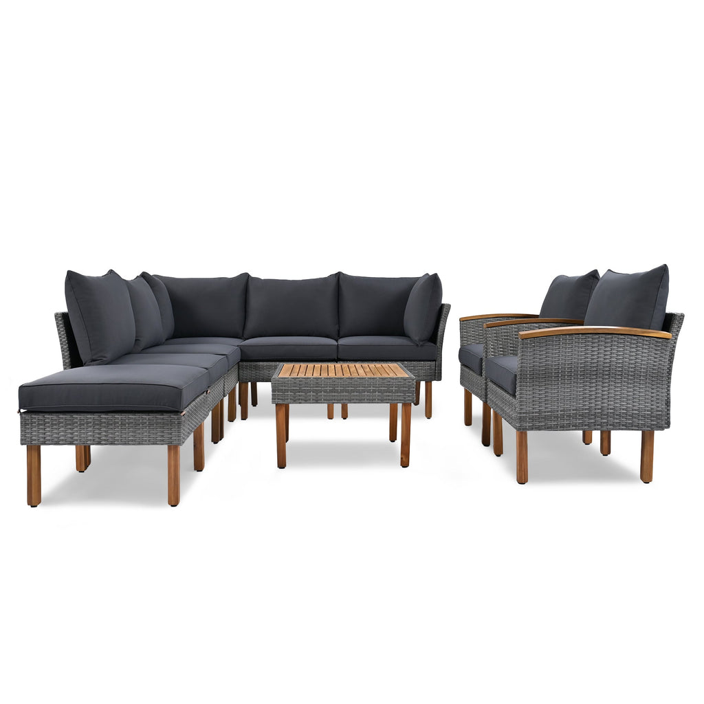 GO 9-Piece Patio Rattan Furniture Set, Outdoor Conversation Set With Acacia Wood Legs and Tabletop, PE Rattan Sectional Sofa Set with Coffee Table, Washable Cushion, Gray