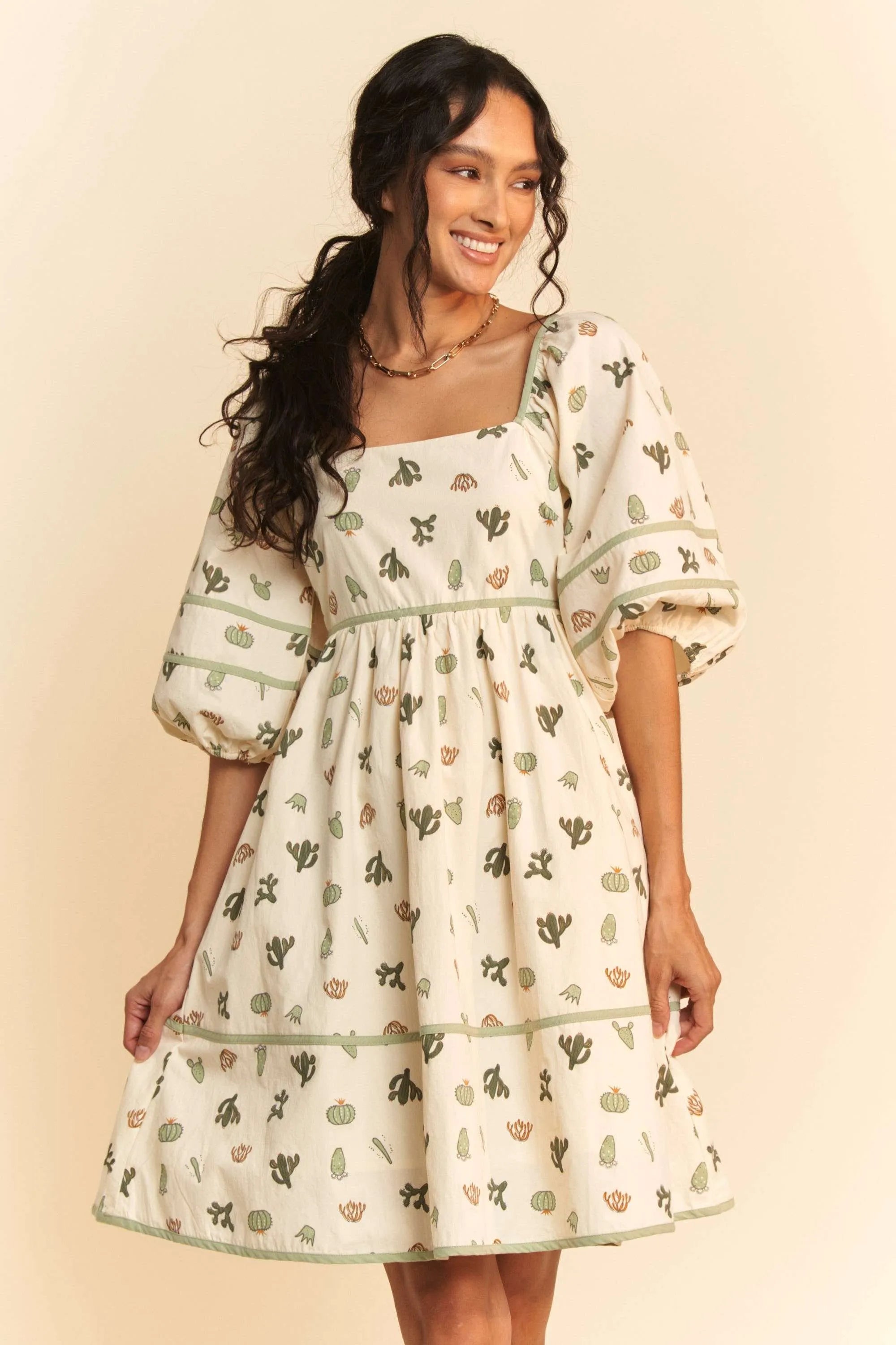 Davi & Dani Cactus Printed Poplin Contrast Piping Mini Dress