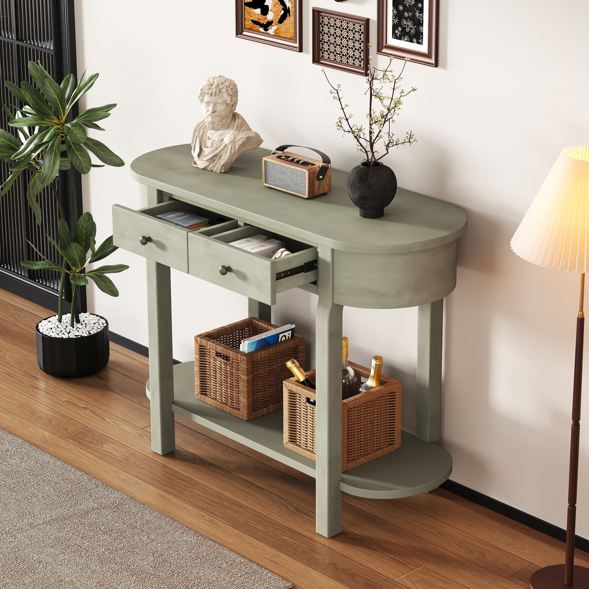 TREXM Elegant Retro Console Table with Curved Design and Smooth Glaze for Entryways, Living Rooms and hallways (Grey)