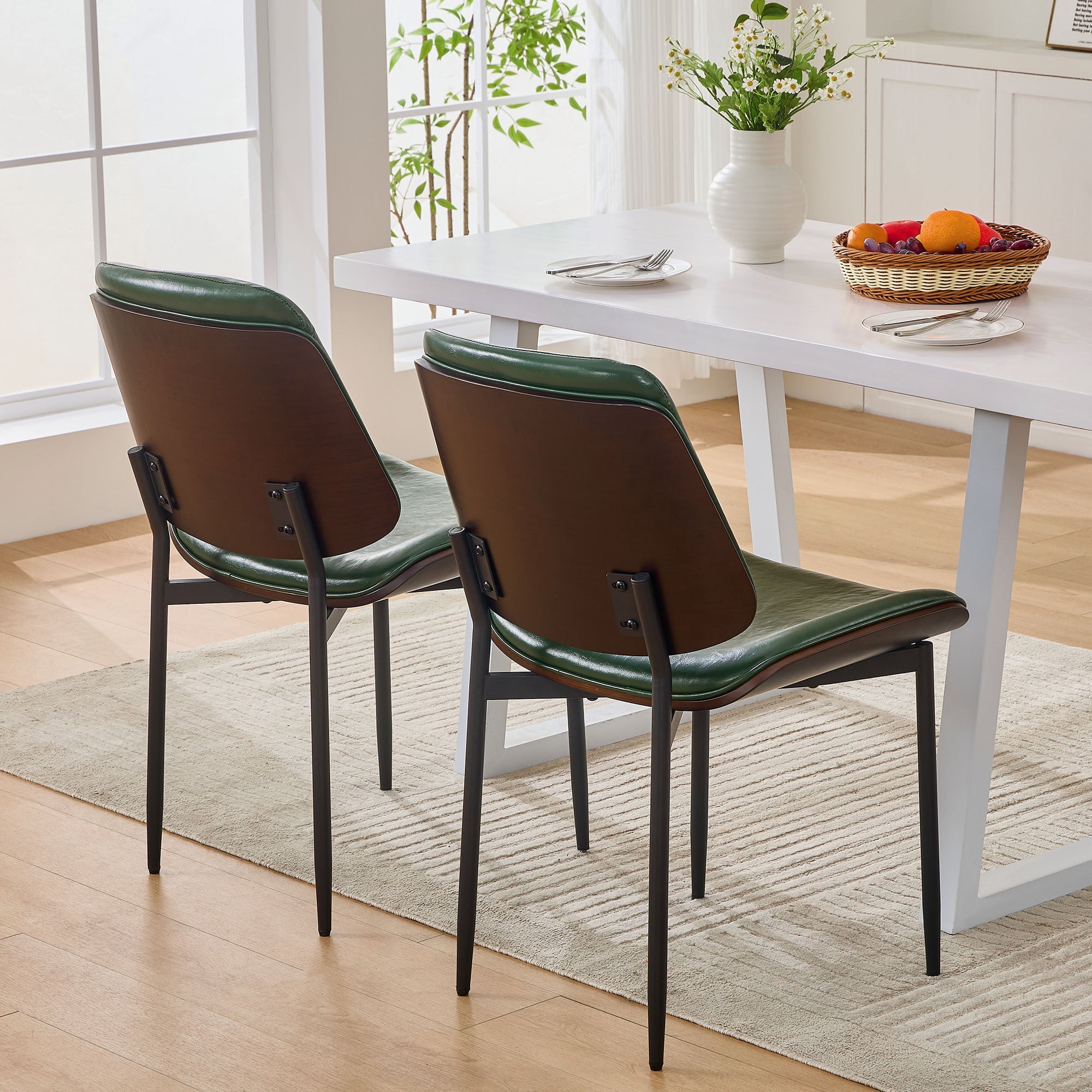 Mid-Century Dining Chairs Set of 2 – PU Leather Upholstered, Retro Walnut Bentwood Design with Adjustable Metal Legs, Green