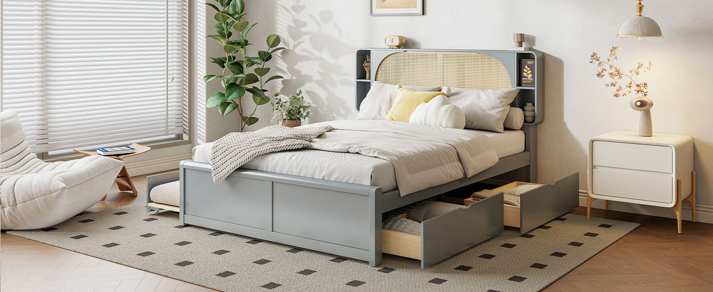 Queen Size Rattan Headboard Bed with Two Drawers and Trundle, Gray