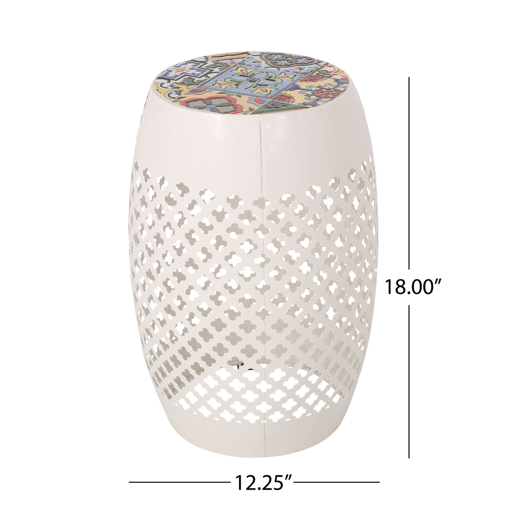 Transitional ROSWELL Side Table with Tile Mosaic Top and Lace Cut Metal Frame in White, Iron, 12.25x12.25x18 Inches