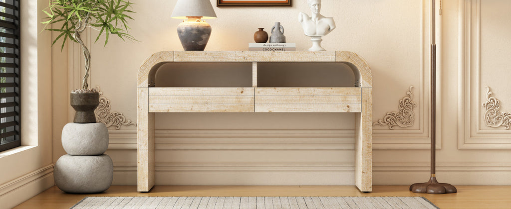 TREXM Console Table Entryway Table, Retro Curved Sofa Table with 2 Large Drawers, Narrow Console Table for Living Room Hallway Entrance, 52''×14''×31.5'', Natural Wood Wash