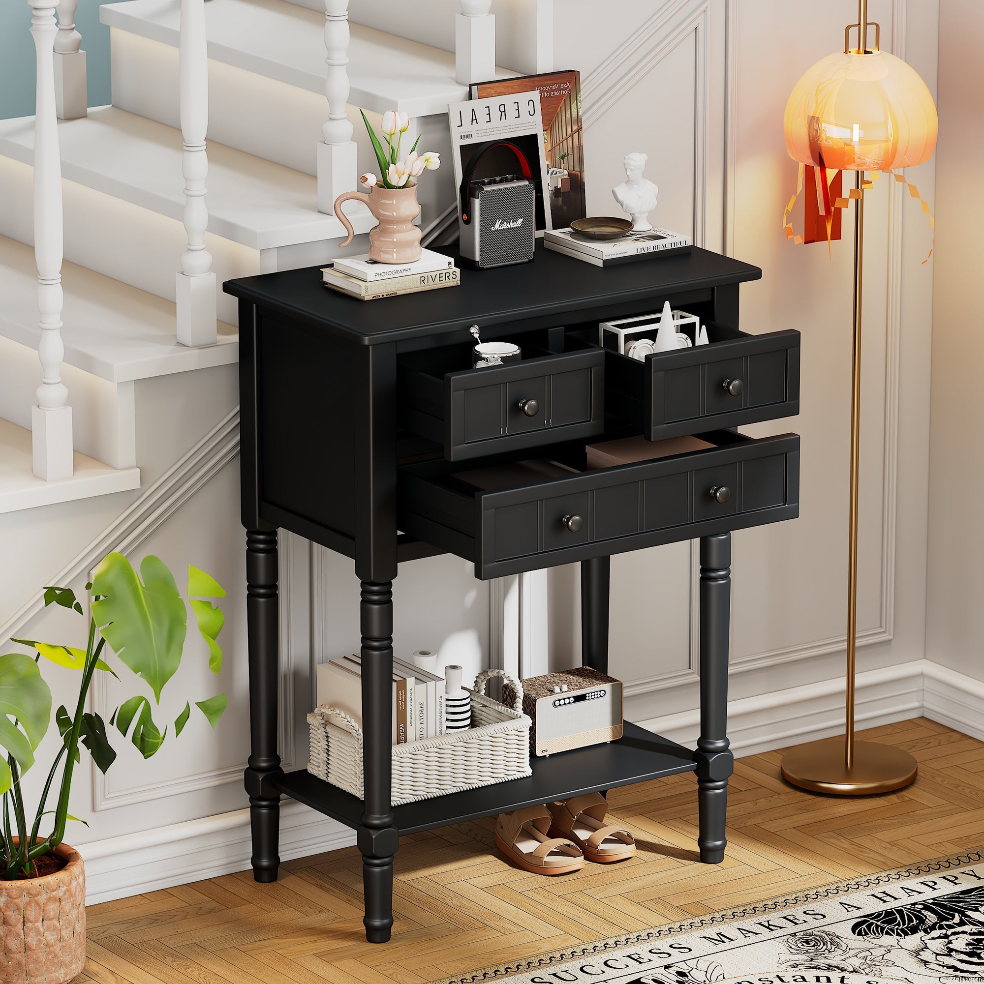 TREXM Narrow Console Table, Slim Sofa Table with Three Storage Drawers and Bottom Shelf (Black)