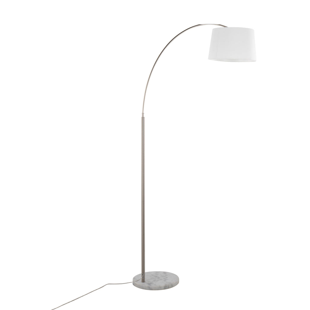 March Contemporary Floor Lamp in White Marble and Nickel with White Linen Shade by LumiSource