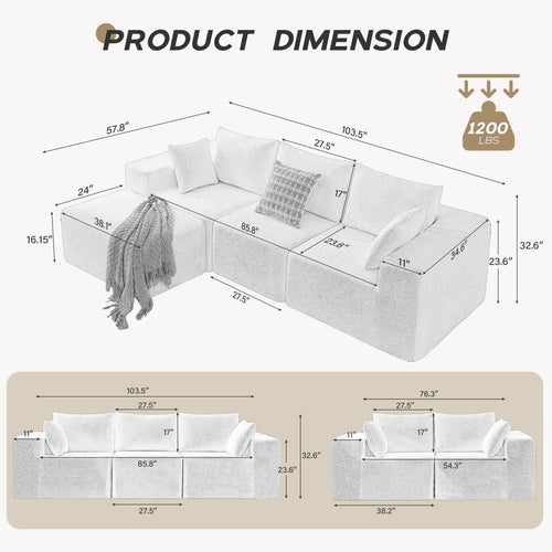 103' Modular Sectional Sofa, L Shaped Cloud Sectional Couch with Deep Seats, Modern Boneless Couch with Chaise, No Assembly Foam Couches, Upholstered Couches for Living Room & Bedroom & Game Room