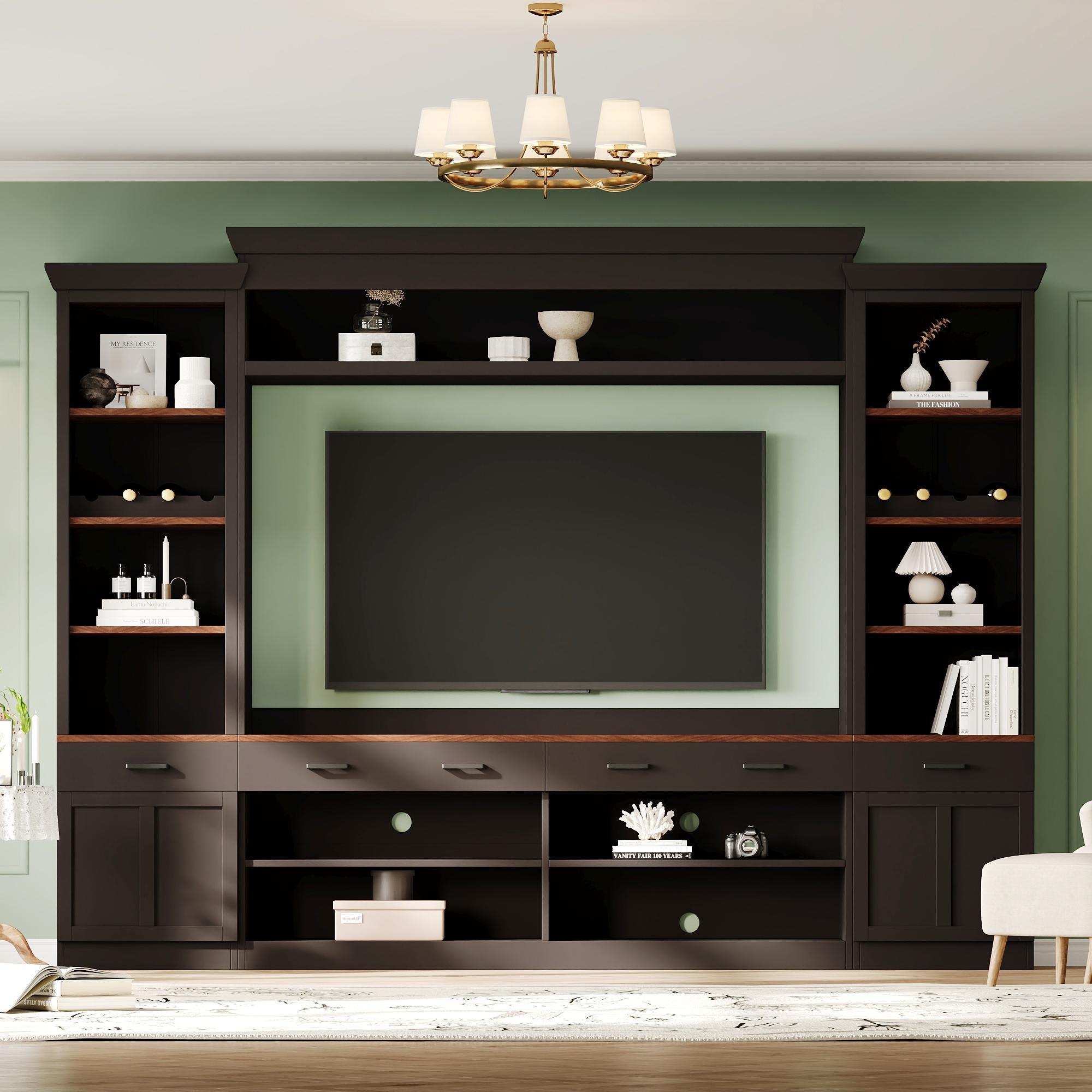 ON-TREND Farmhouse 4-Piece Entertainment Wall Unit Set with Bookshelf for TVs Up to 70', Walnut TV Stand with Adjustable Shelves, Mid-Century Large Media Console with Wine Rack for Living Room, Black