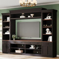 ON-TREND Farmhouse 4-Piece Entertainment Wall Unit Set with Bookshelf for TVs Up to 70', Walnut TV Stand with Adjustable Shelves, Mid-Century Large Media Console with Wine Rack for Living Room, Black
