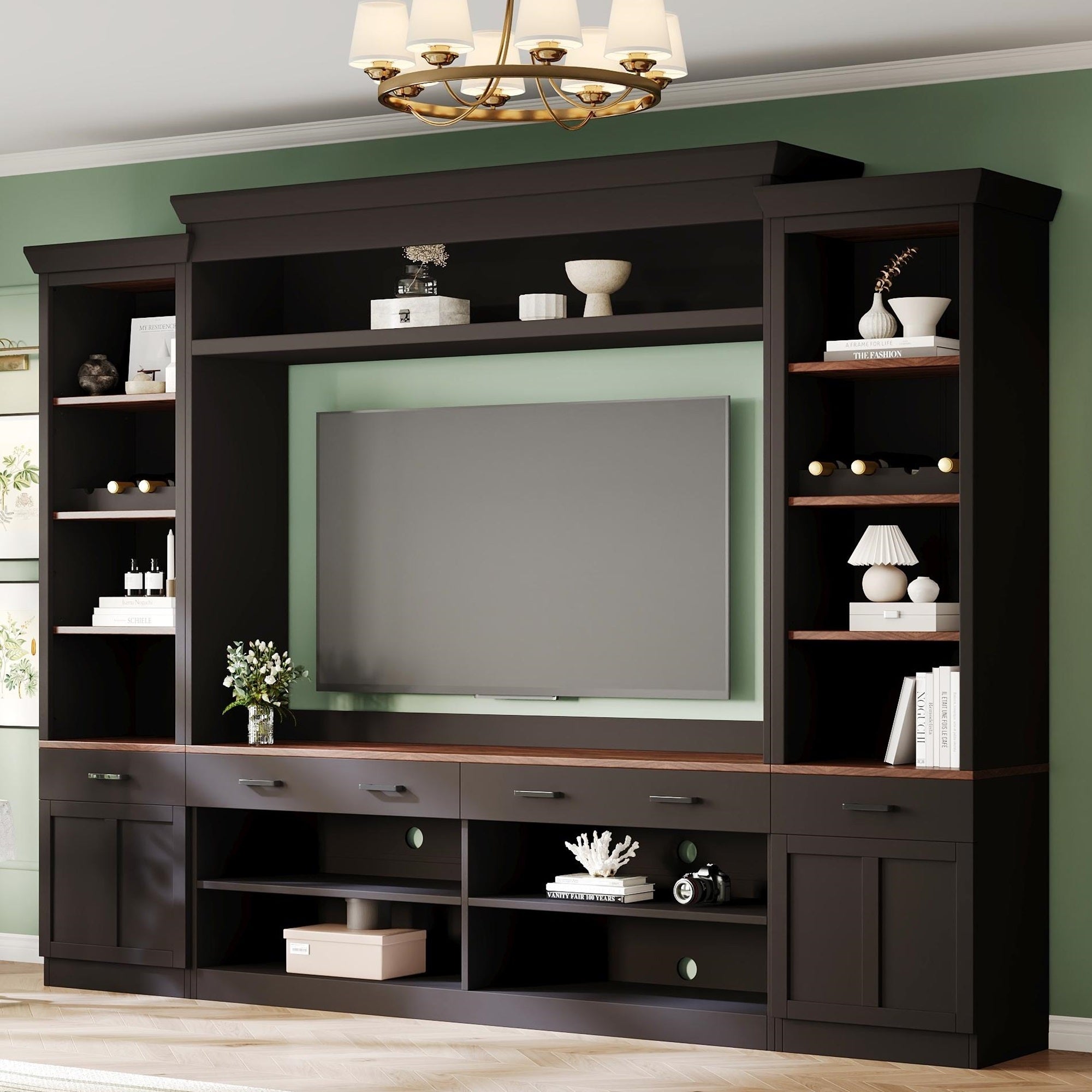 ON-TREND Farmhouse 4-Piece Entertainment Wall Unit Set with Bookshelf for TVs Up to 70', Walnut TV Stand with Adjustable Shelves, Mid-Century Large Media Console with Wine Rack for Living Room, Black
