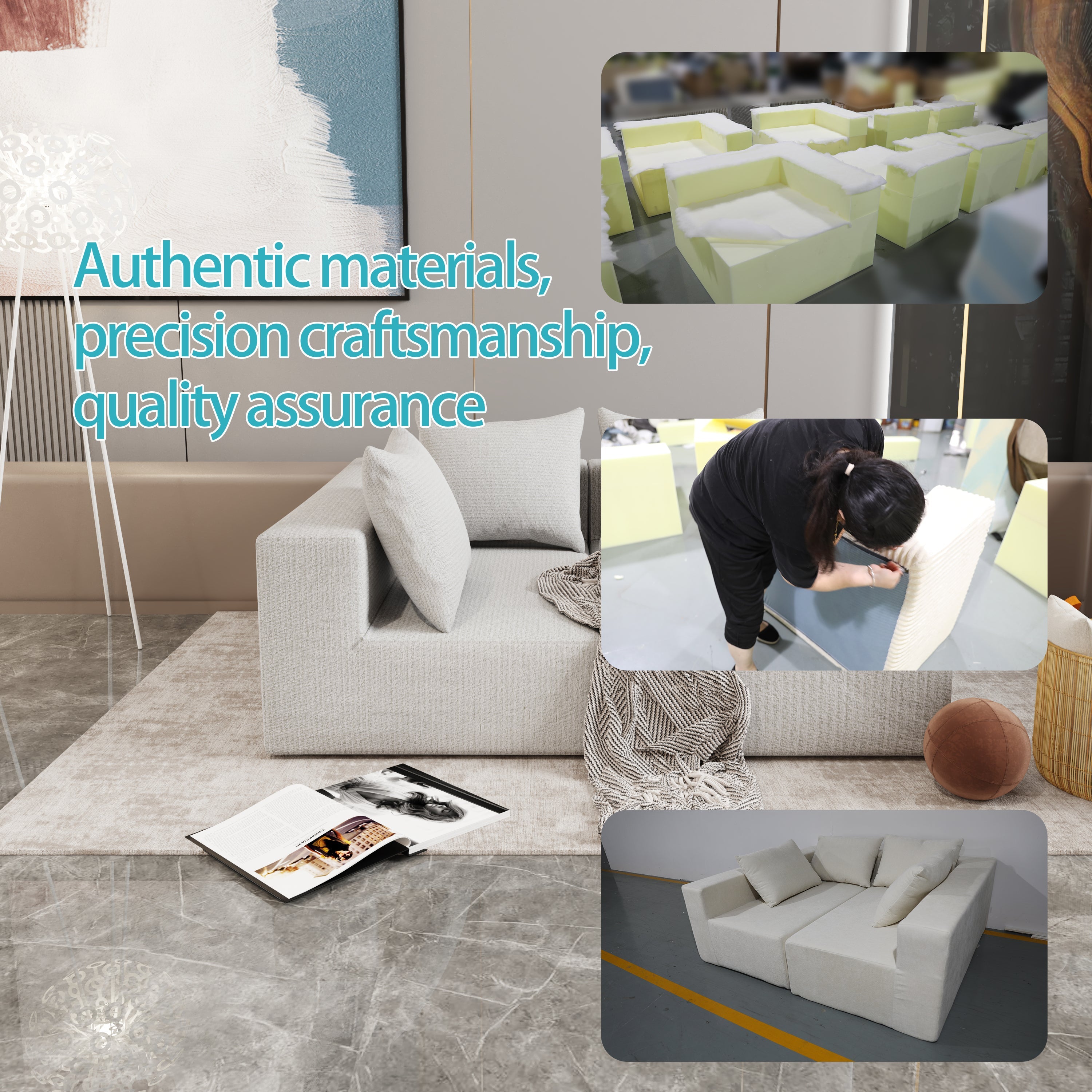 Four seater combination sofa, sofa bed, made of high-density sponge and soft linen fabric, with multiple combination methods (beige)
