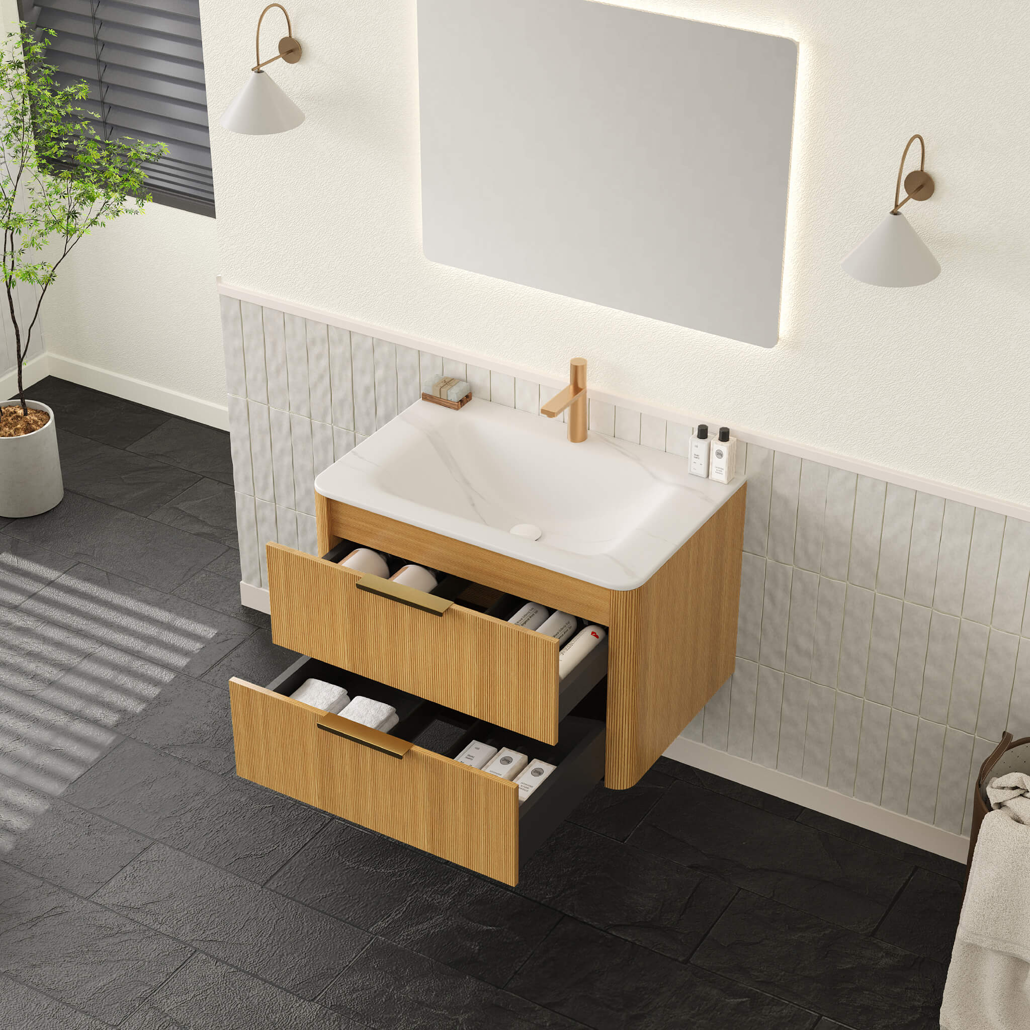 Bathroom vanity with wooden cabinets, white sink, and mirror in a modern bathroom setting.