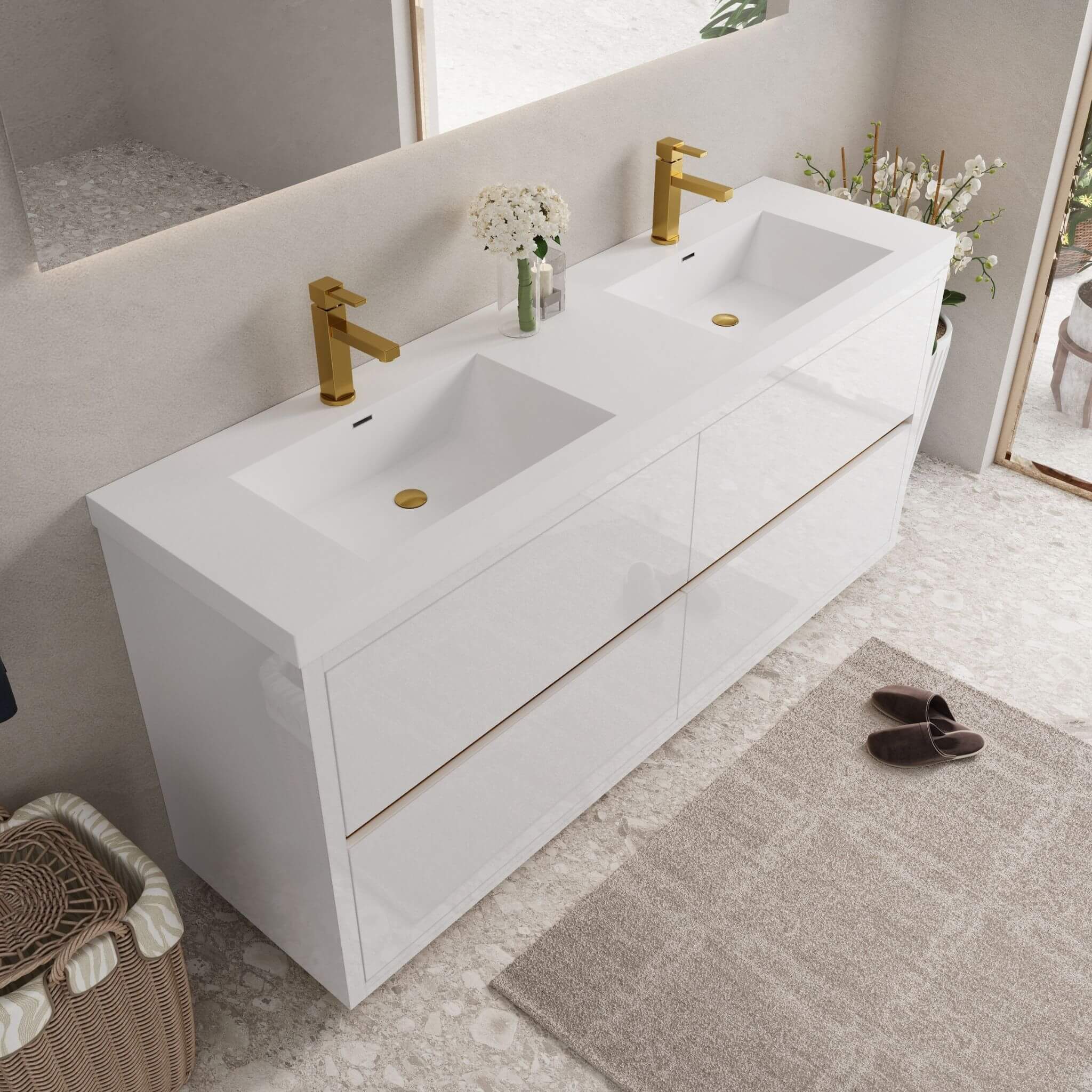 Alora 72-Inch White Freestanding Bathroom Vanity With Sink And Stone Resin Countertop (SAK31520)