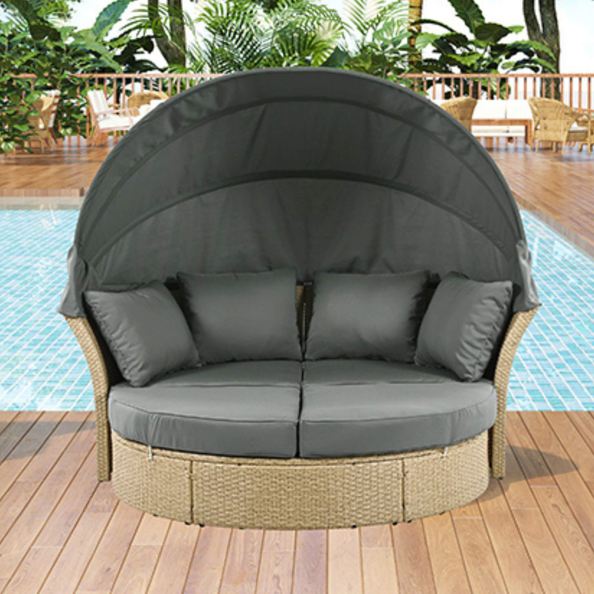 Alora Premium Outdoor Garden Wicker Rattan Patio Daybed With Retractable Canopy (SAK43581)