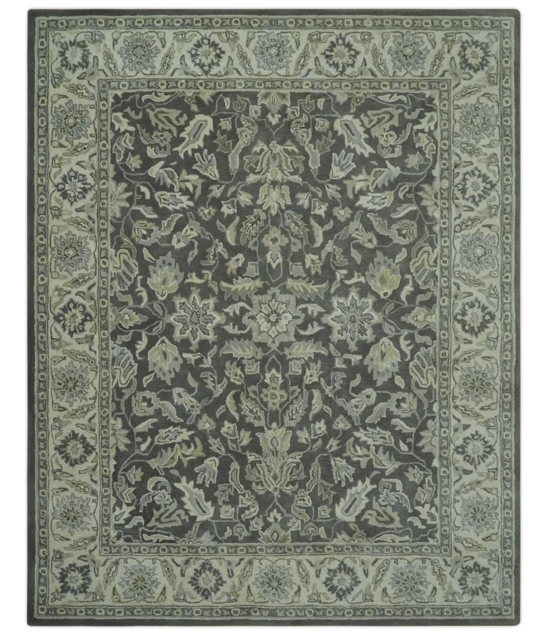 Antique Design 8x10 Charcoal and Beige Traditional Floral Hand Tufted rug