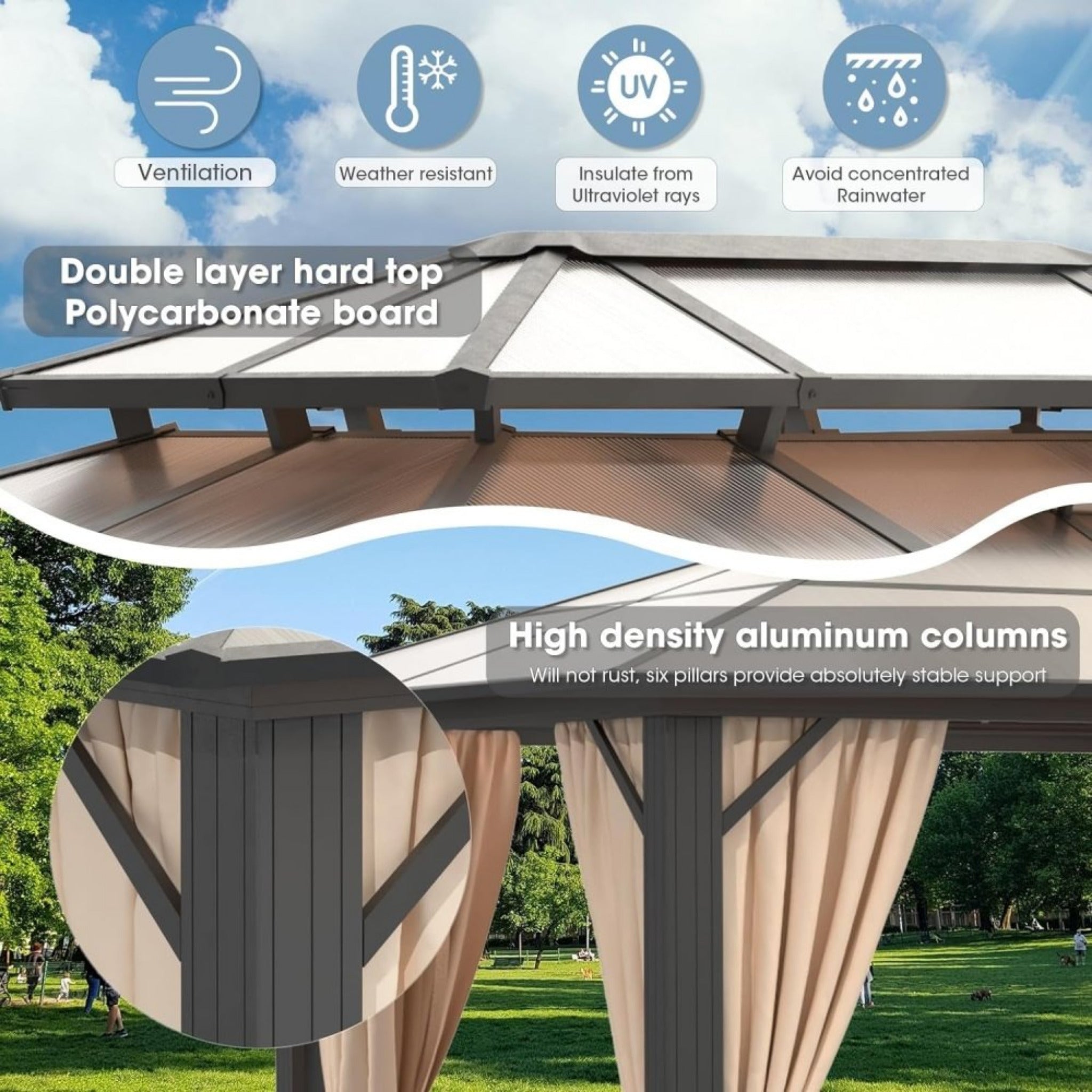 [12x20FT] Premium Aluminum Outdoor Polycarbonate Hardtop Gazebo With UV Protection, Netting & Curtains (96815273)