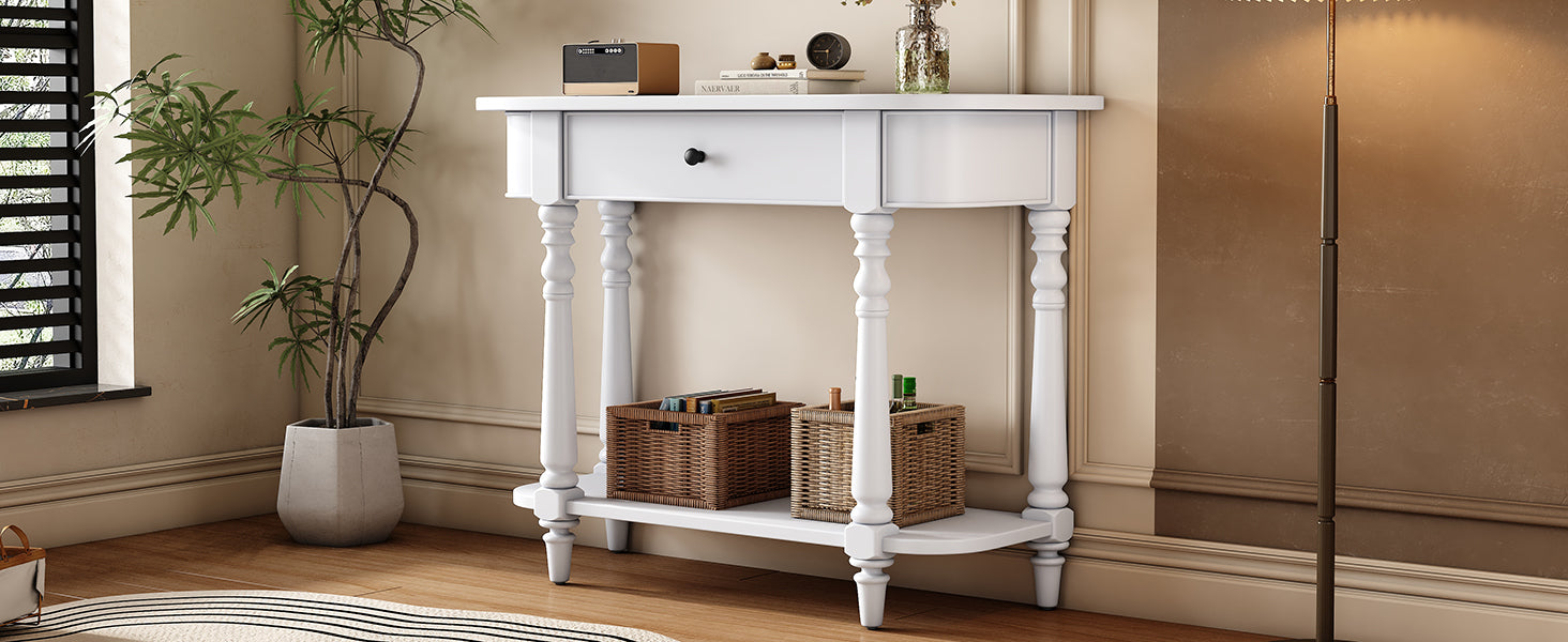 TREXM Narrow Console Table with Curved Corner, Retro Entryway Table with Top Drawer and Open Shelf, Sofa Table Console Tables for Entryway, Hallway and Living Room (White)