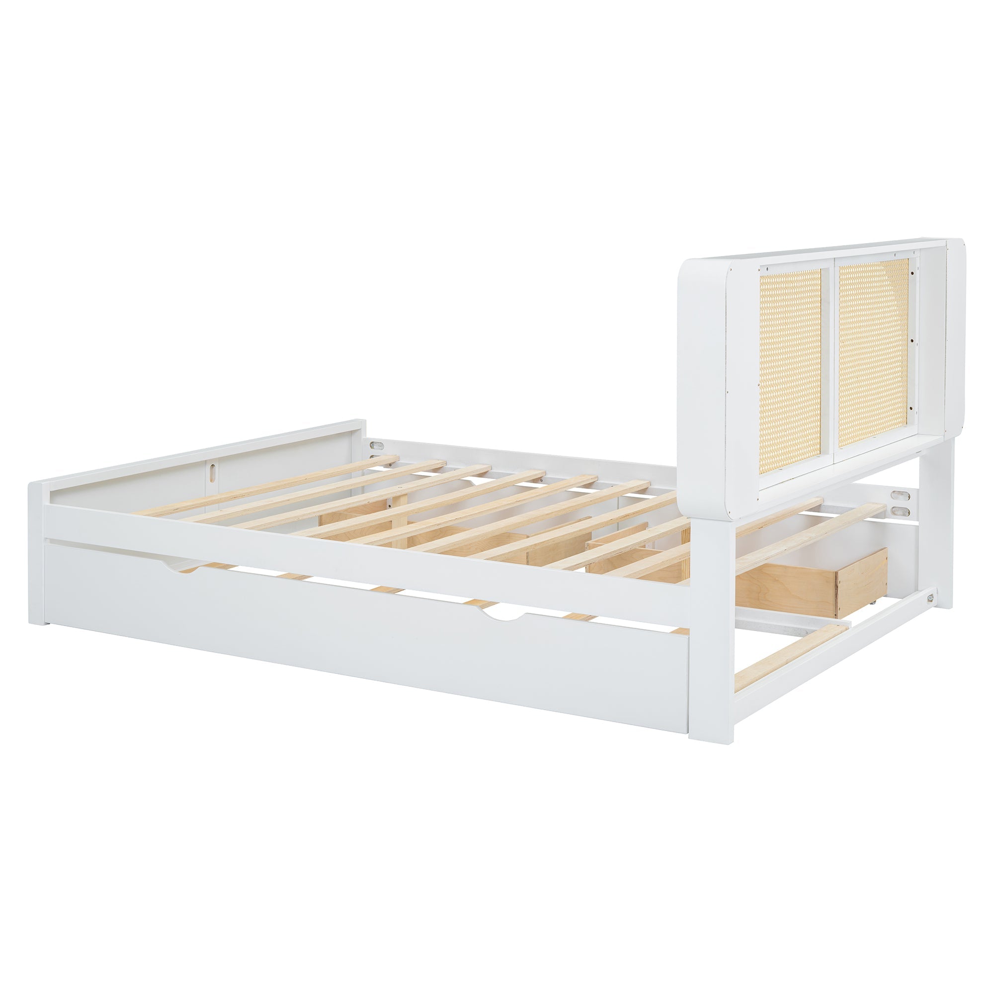 Queen Size Rattan Headboard Bed with Two Drawers and Trundle, White