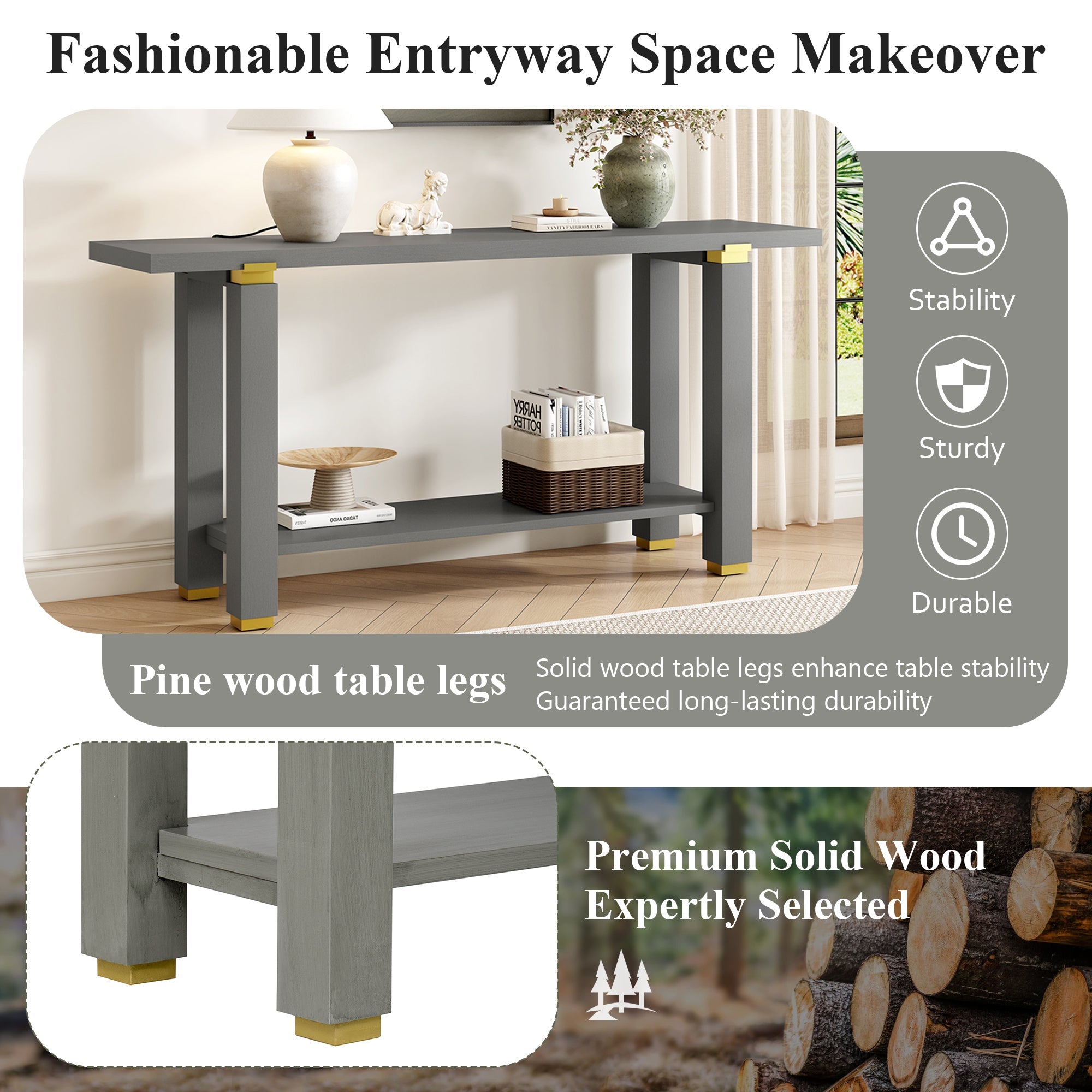 U_Style 62.9' Modern Minimalist Console Table, Solid Wood Entryway Sofa Table with Metal Accents, Built-in Shelf, for Living Room, Hallway (3 Colors: Black, Gray, Natural)
