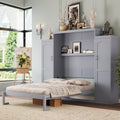 Queen Size Murphy Bed, Wooden Queen Wall Bed with 2 Wardrobe and Storage Shelf, Multifunctional Foldable Platform Bedframe for Guest-Room, Bedroom, Gray