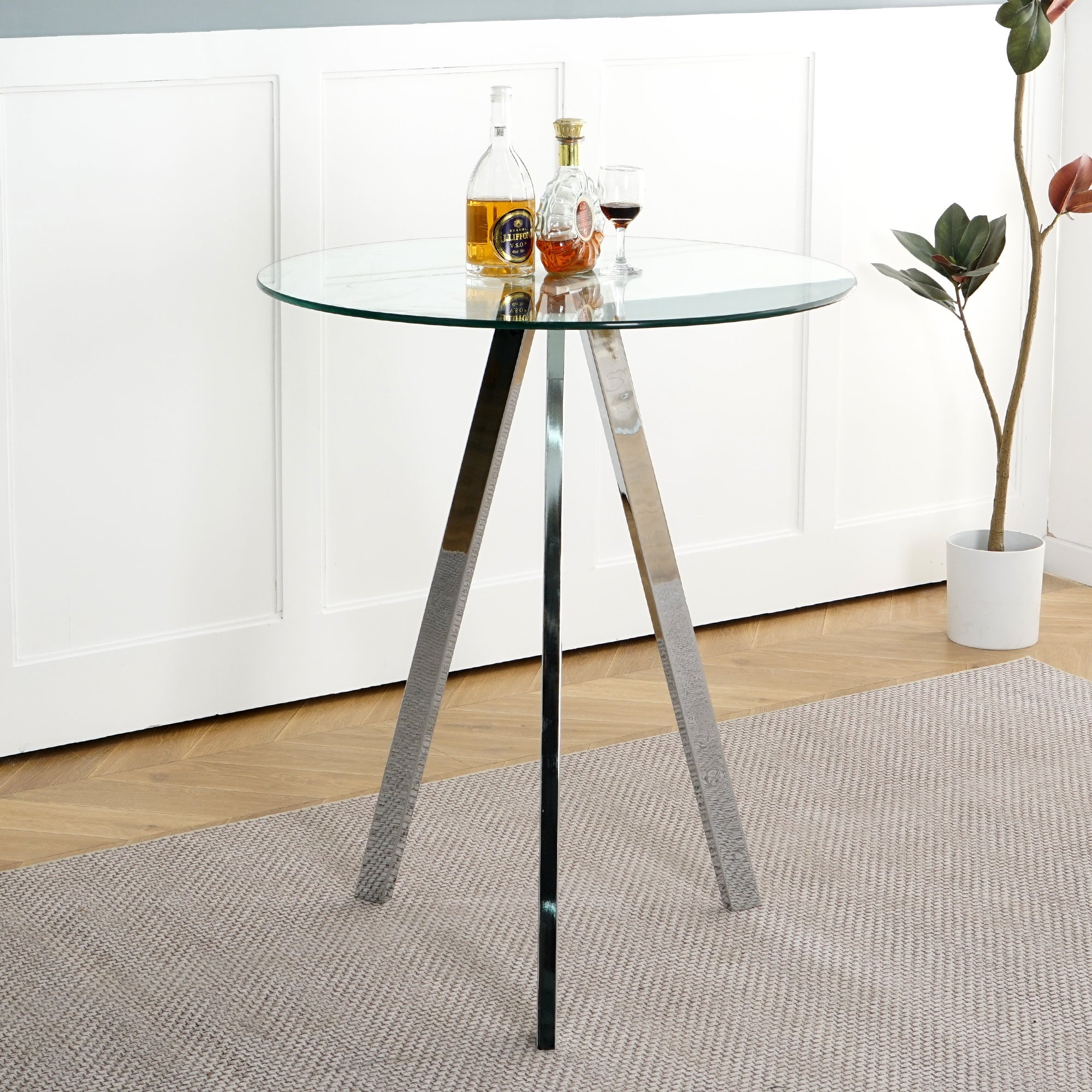 Modern Kitchen Glass dining table ROUND Tempered Glass BAR Table top,Clear BAR Table Metal Legs,electroplated legs (set of 1)