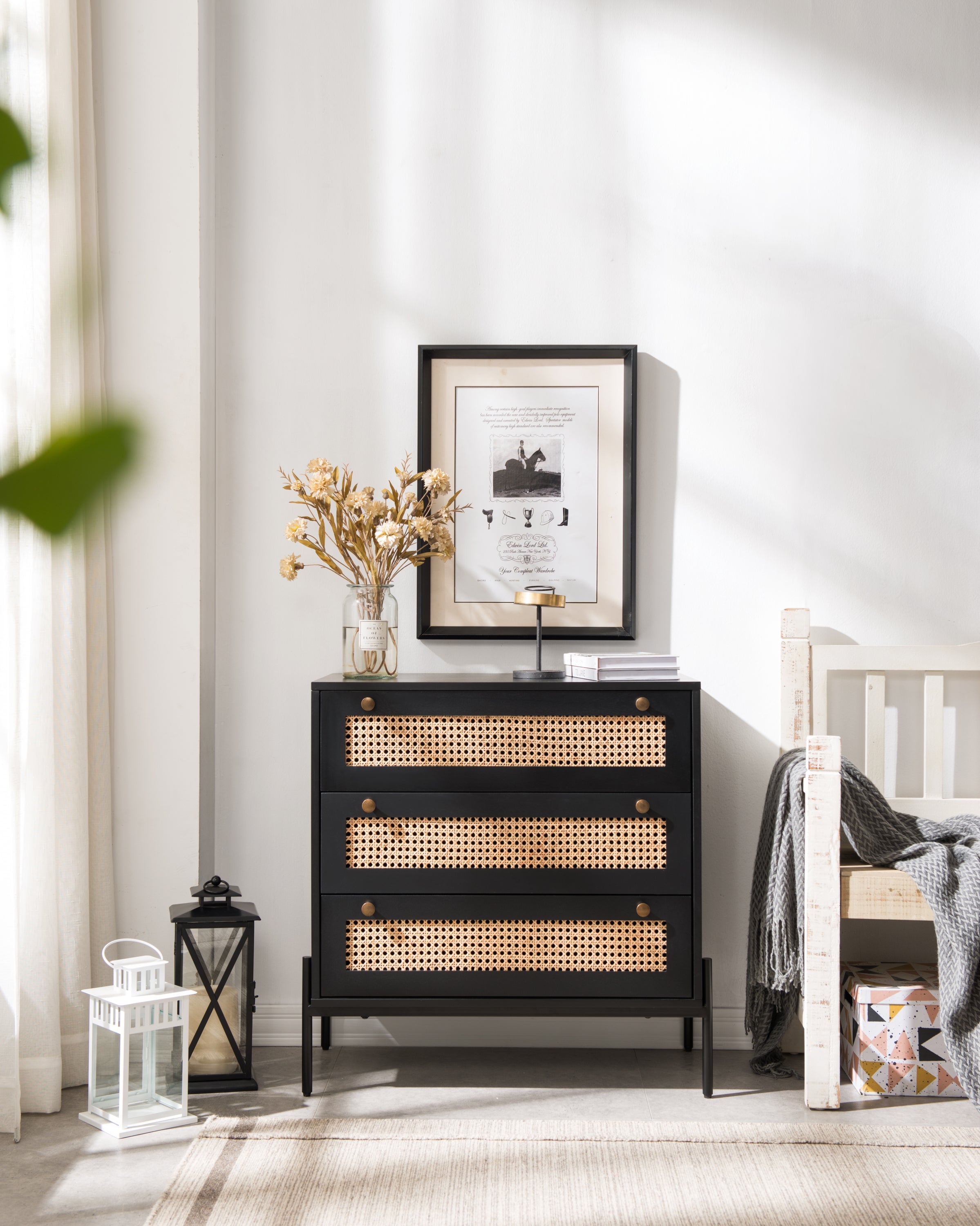 Rattan Storage Cabinet with 3 Large Drawers, Boho Mid-Century Wooden Nightstand Drawer Dresser, Sideboard Buffet Cabinet with Storage for Living Room Dining Room Hallway Bedroom, 30×15.8×30 Inches