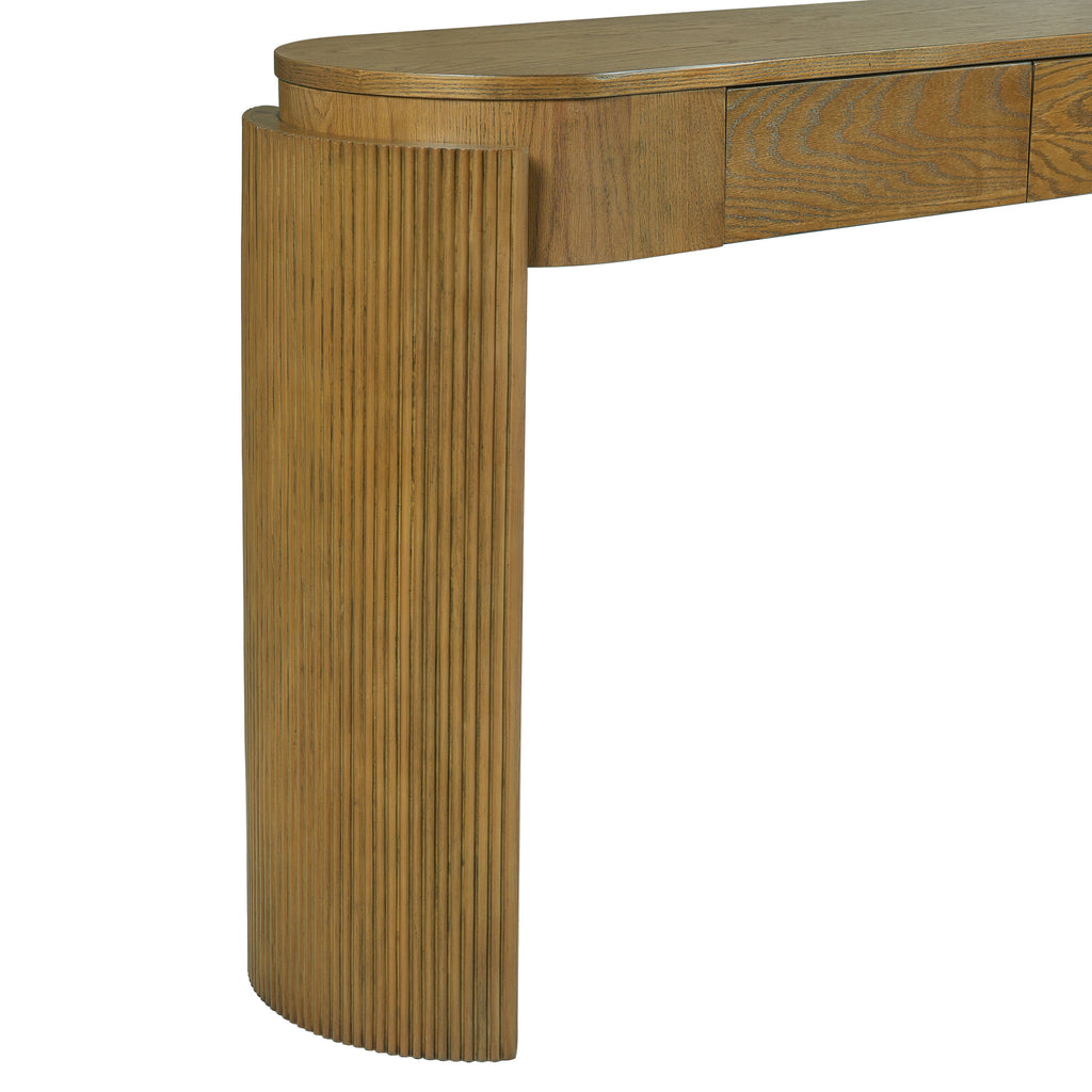 TREXM Entryway Table with Natural Wood Grain Finish, Console Table with Fluted Design, Oval Top and 2 Drawers for Entryway and Living Room (Pine Wood)