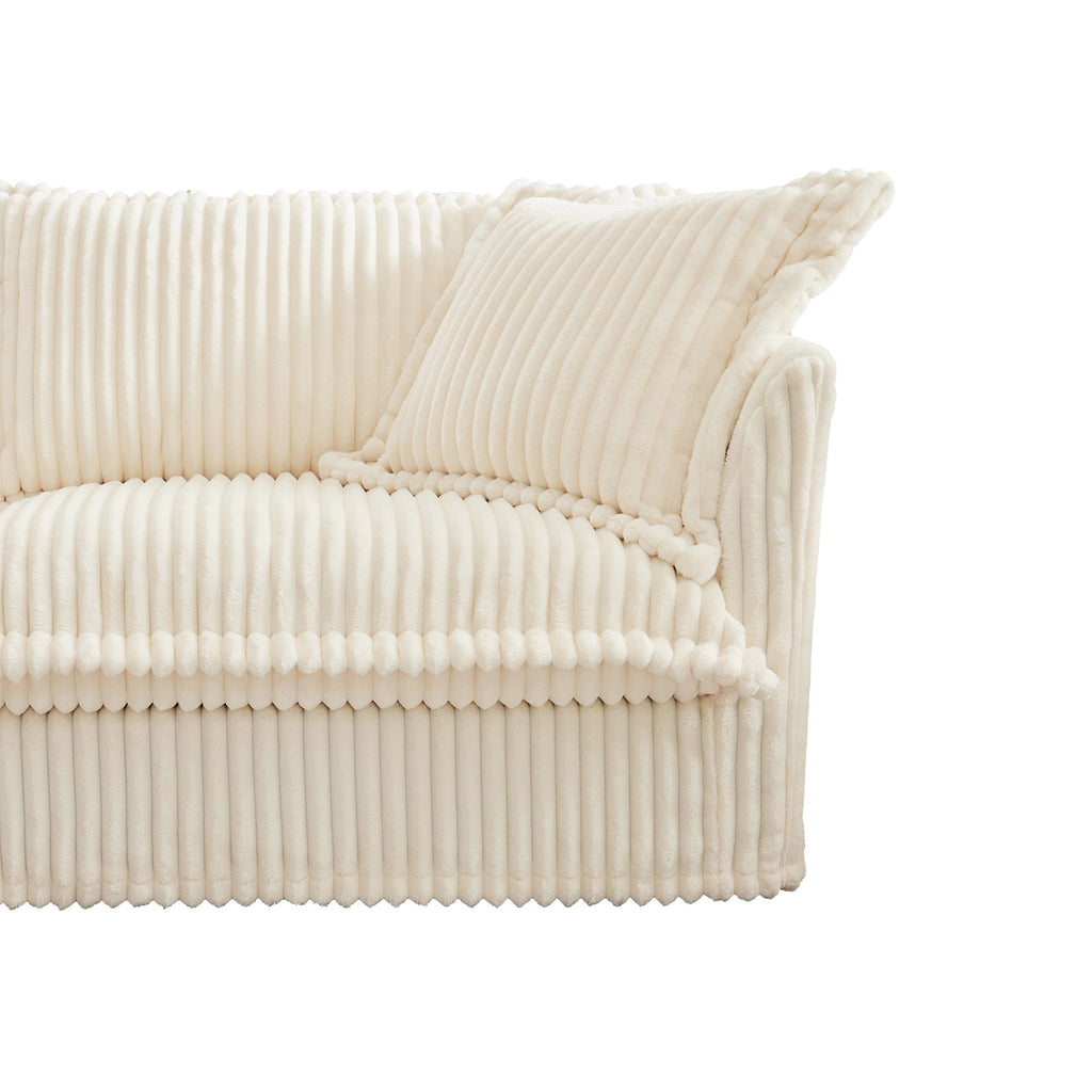 Slipcovered Sofa 2 Seater Sofa    With 2 Ottomans, 2 Seater Sleeper Sofa Bed Home Theater Oversized Sofa For Living Room, Corduroy, Cream