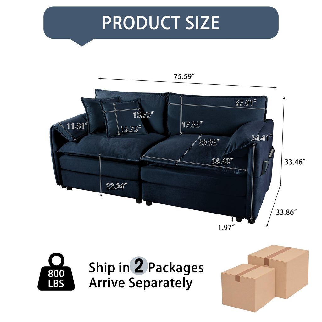 Oversized Chenille Loveseat Sofa, Oversized 2-Seater Small Cloud Couch, Modern Comfy Deep Seat Love Seat for Living Room Bedroom Office Apartment,DIY Combination,Blue