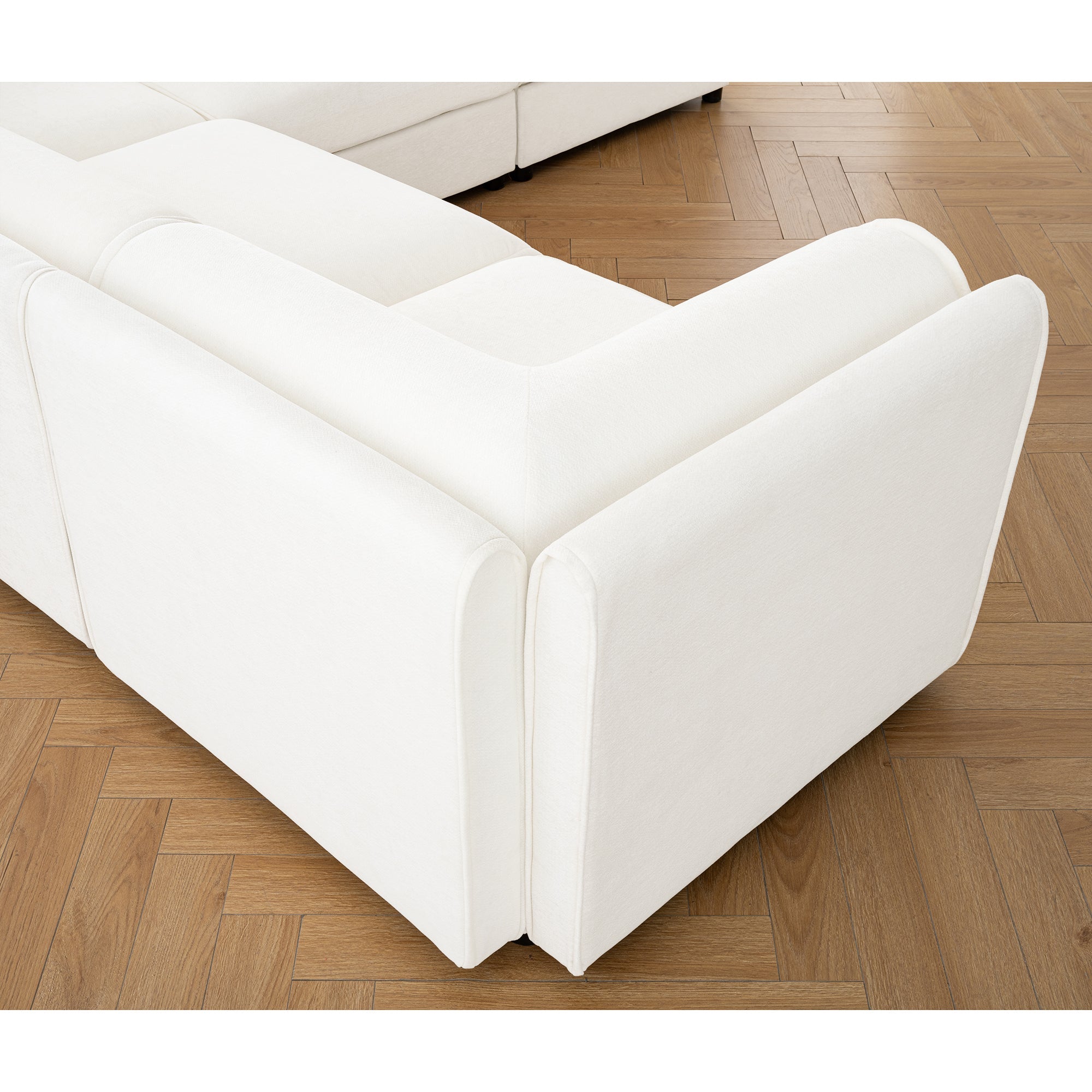 Elegant White Chenille  Sofa with Storage Seat and Ottoman, L-Shaped 3-Seater Cylindrical Backrest and Armrests, Contemporary 3-Seater Fabric Couch with Hidden Storage Compartment