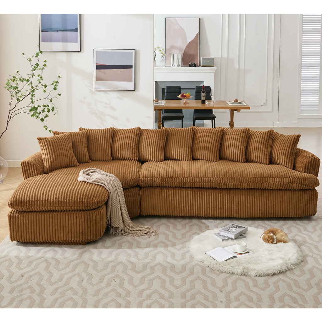 127''  Large Sectional Sofa ,Elegant Curved Design ,High-Resilience Foam ,Ten Back Cushions,L-Shape Left Sofa,No Assembly  Required , (Brown-Soft Corduroy Fabric)