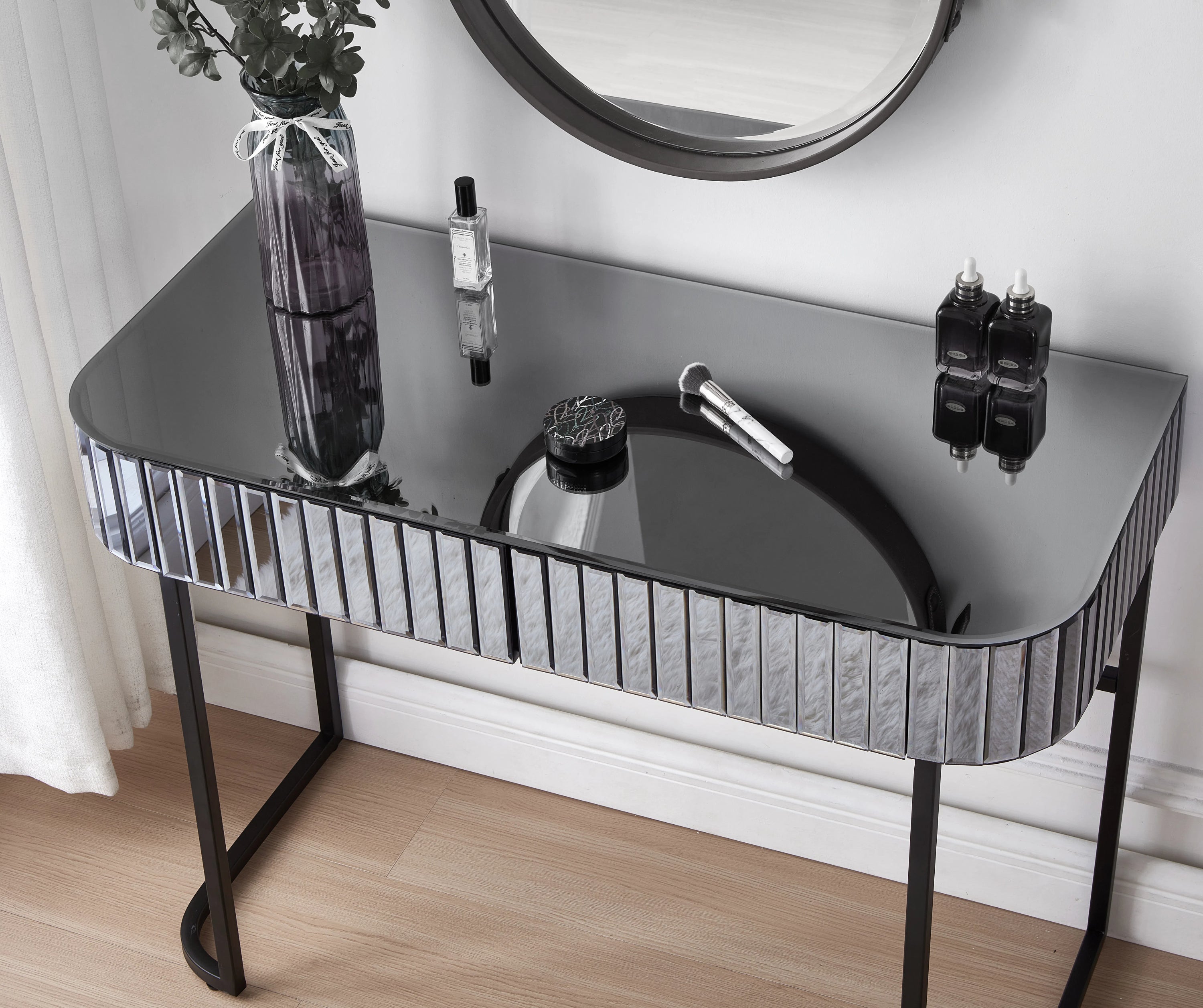 39' Mirrored Makeup Vanity Table with Stainless Steel Base, Mirrored Console Dressing Table with 2 Drawers,Versatile Desk for Bedroom and Office, Gray