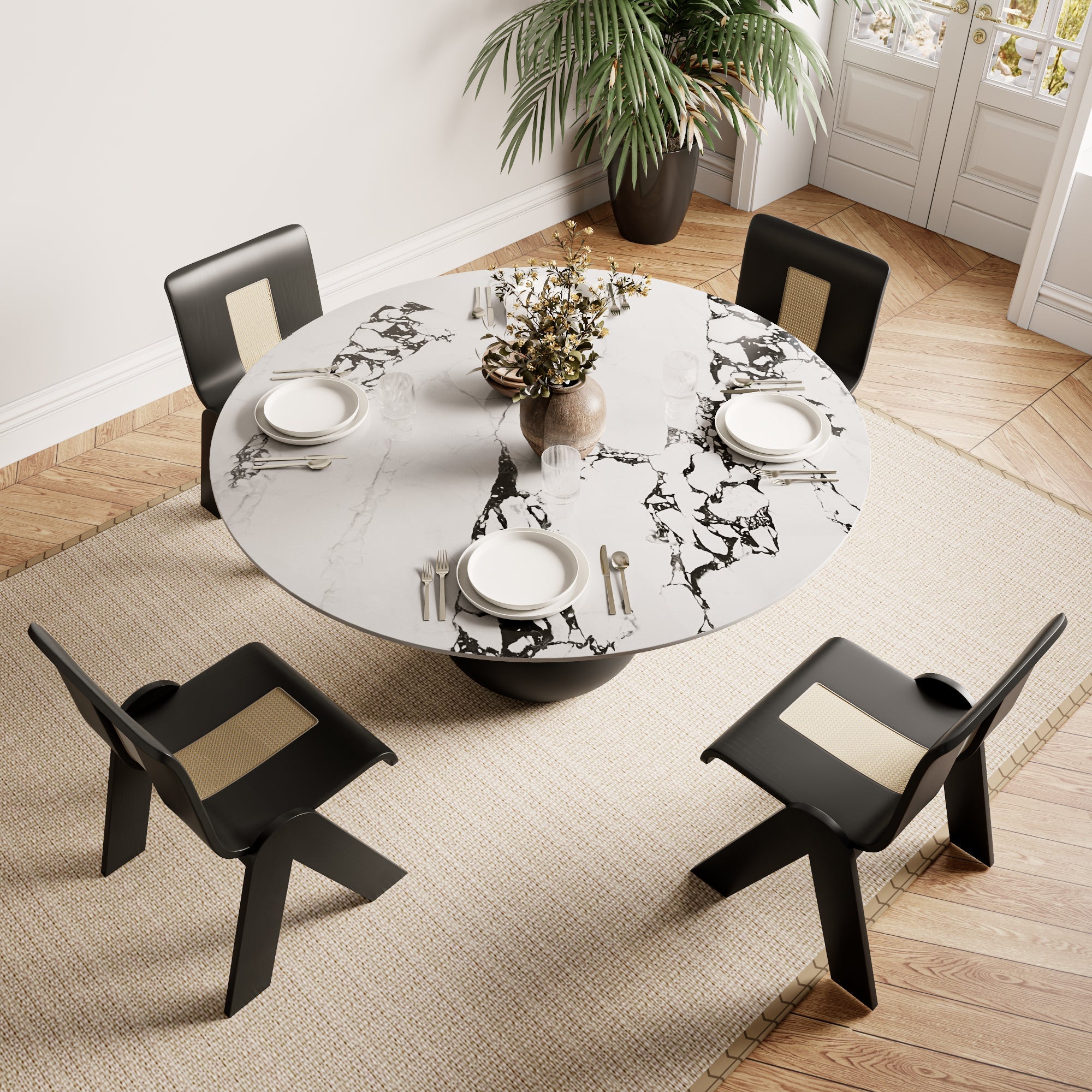 Chic Luxury Black Round Dining Kitchen 47' Table - White Black With Vase-shaped Solid Wood Pedestal For 4