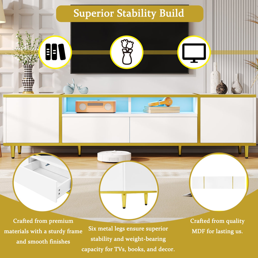 U-Can 70.9'' Modern TV Stand for TVs up to 80 Inches, Entertainment Center with 2 Shelves and  LED Lights, TV Storage Cabinet with 2 Drawers, 2 Cabinets and Metal Legs for Living room