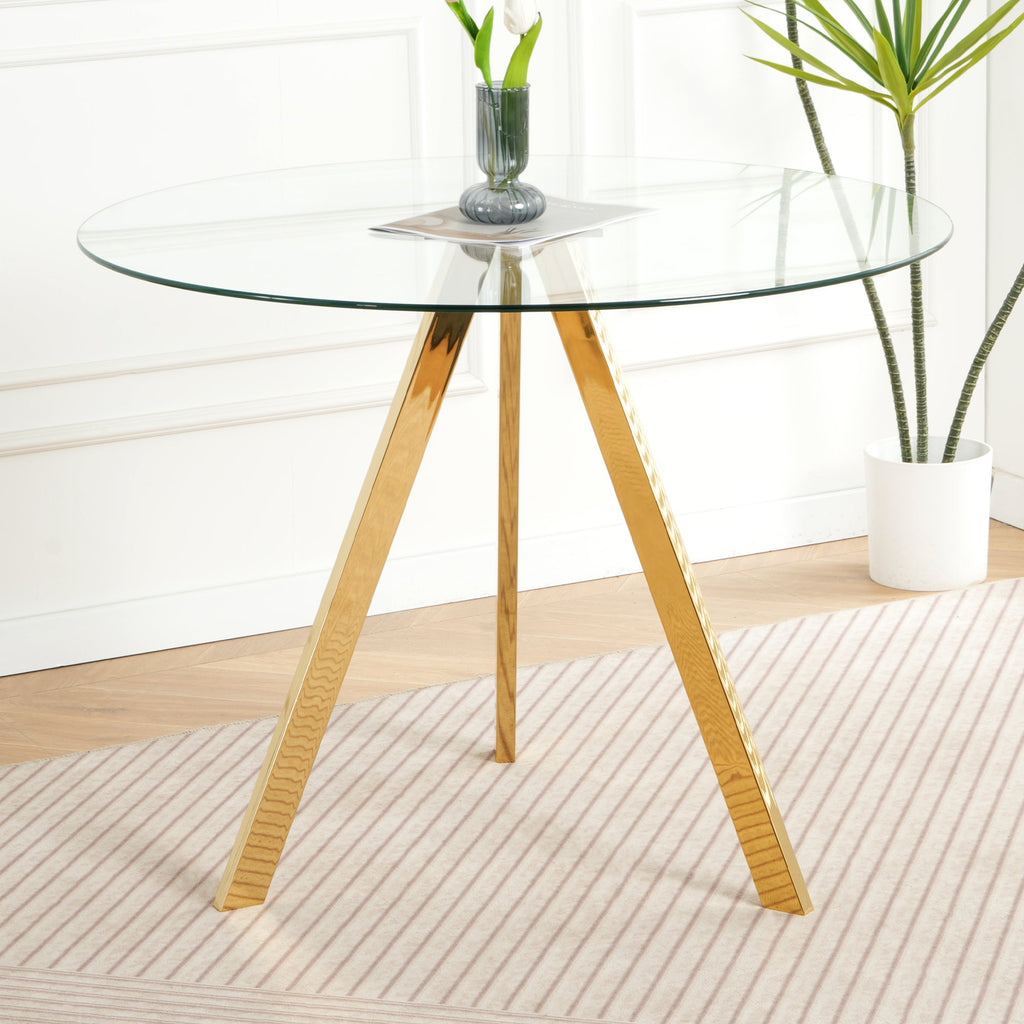 Modern minimalist 39.2 ' round glass dining table with clear glass countertops and gold-plated metal legs for kitchen, dining and living room (set of 1)