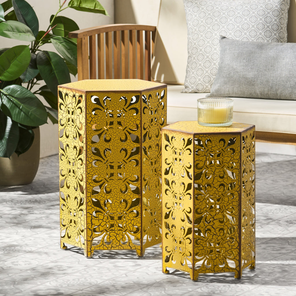 Outdoor Hexagonal Accent Table Set with Charming Fleur-de-lis Panel Sides, Antique Yellow