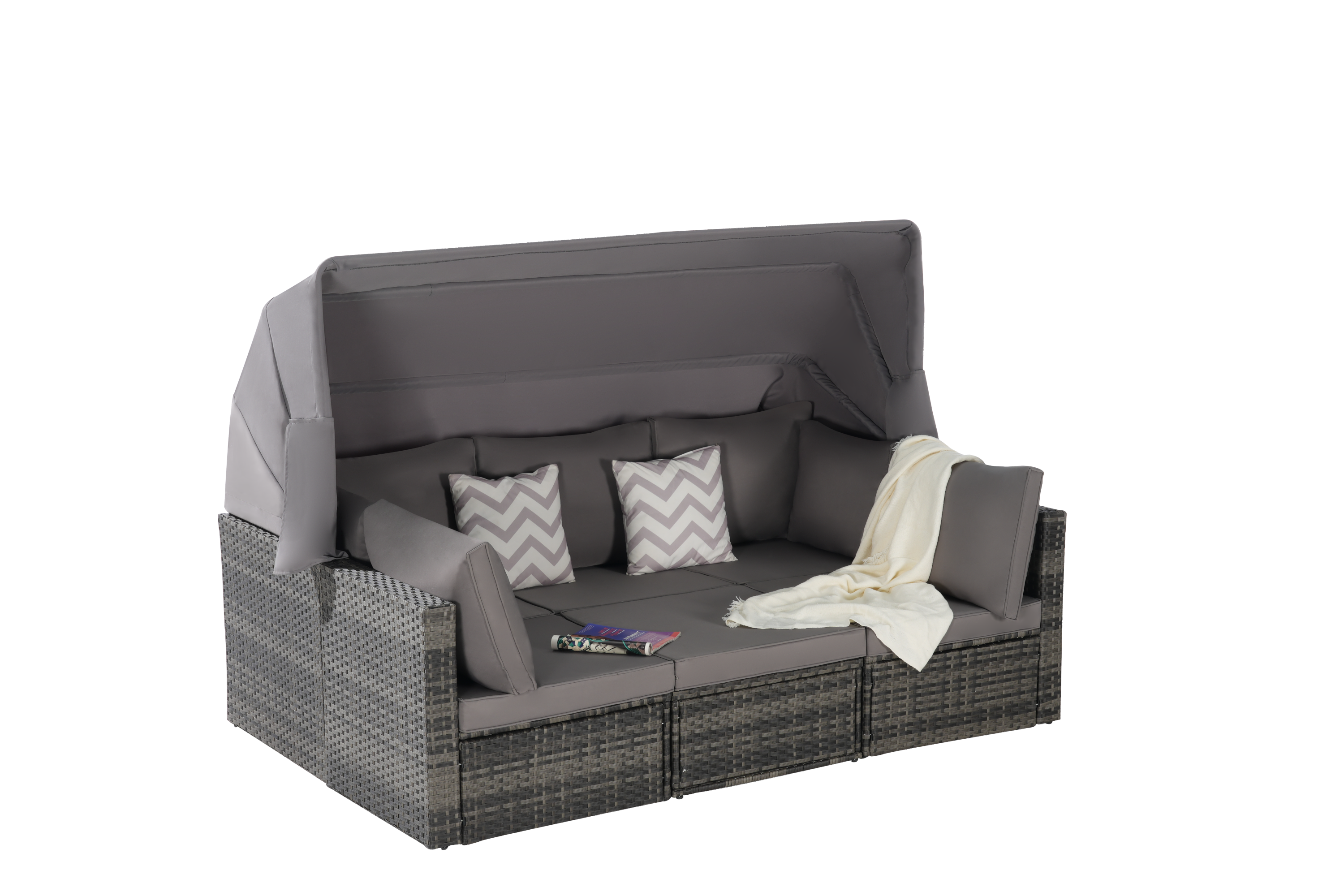 5 Pieces Outdoor Patio Wicker Daybed Furniture Set with Retractable Canopy, Storable Side Table, and Soft Cushions for Relaxing in Your Backyard or Porch