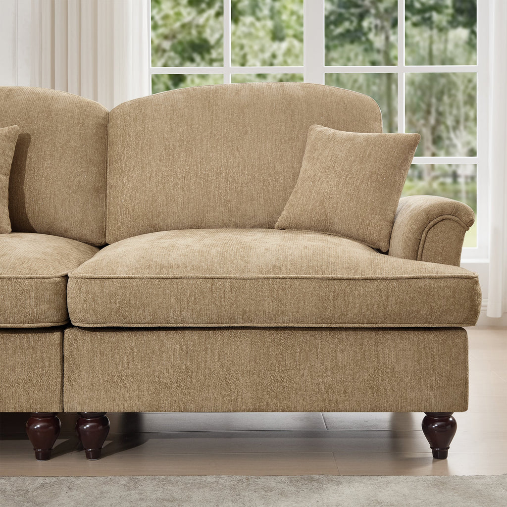 Elegant Mid Century Large 3 Seater Sofa Couch with Flared Arms and Removable Ruffles Pleats Skirts and Spindle Legs, Comfy Chenille Three-Seat Sofa for Living Room, Light Coffee