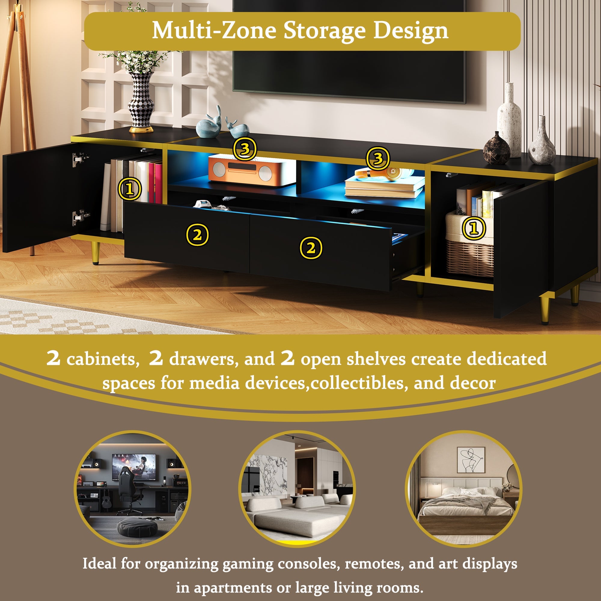 U-Can 70.9'' Modern TV Stand for TVs up to 80 Inches, Entertainment Center with 2 Shelves and  LED Lights, TV Storage Cabinet with 2 Drawers, 2 Cabinets and Metal Legs for Living room