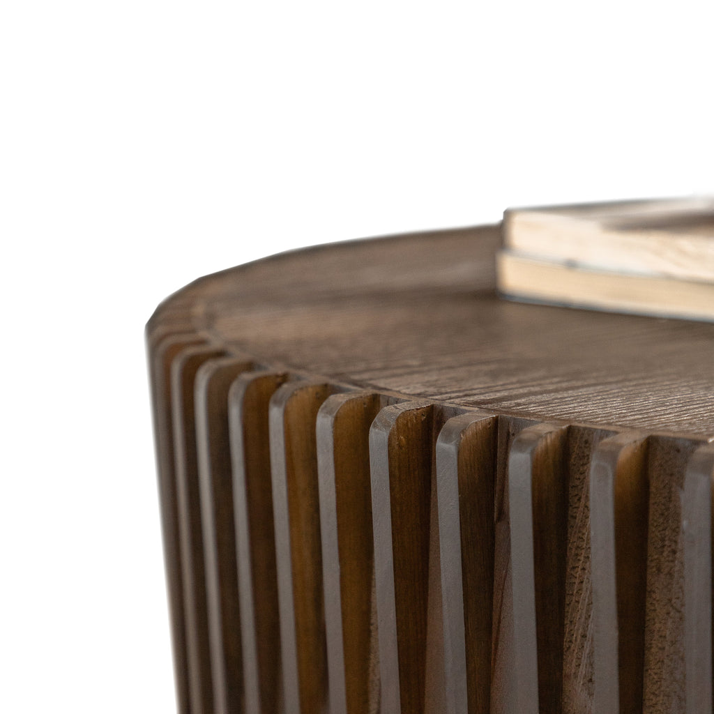 Vintage Fashion Style Cylindrical Nesting Coffee Table Set with Vertical Textured Embossed Design for Living Room, Office and Dining Room, Dark Brown (Set of 2)