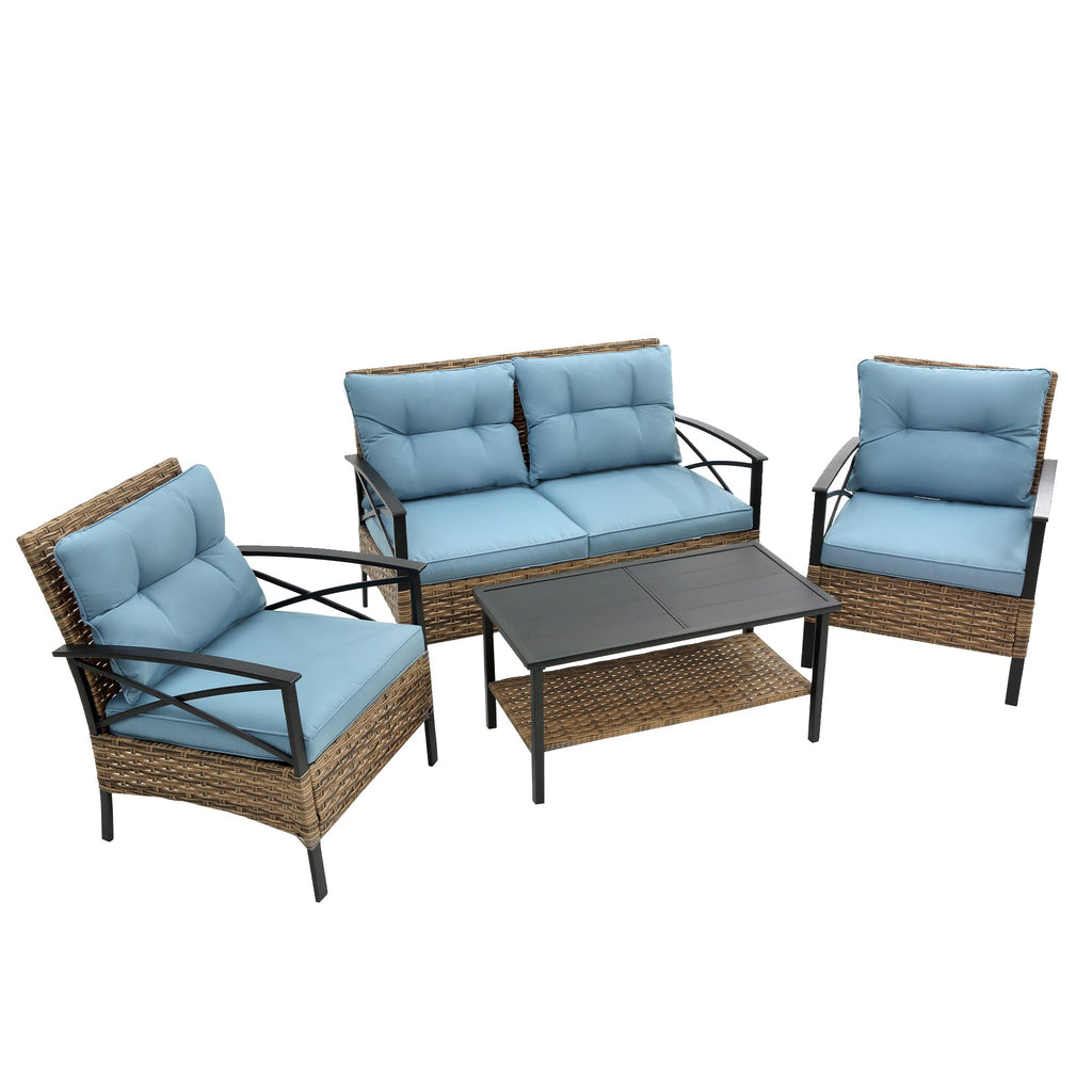 Patio 4 piece sectional low dining conversation sofa set- KD rattan wicker outdoor garden furniture corner sofa set with cushion.